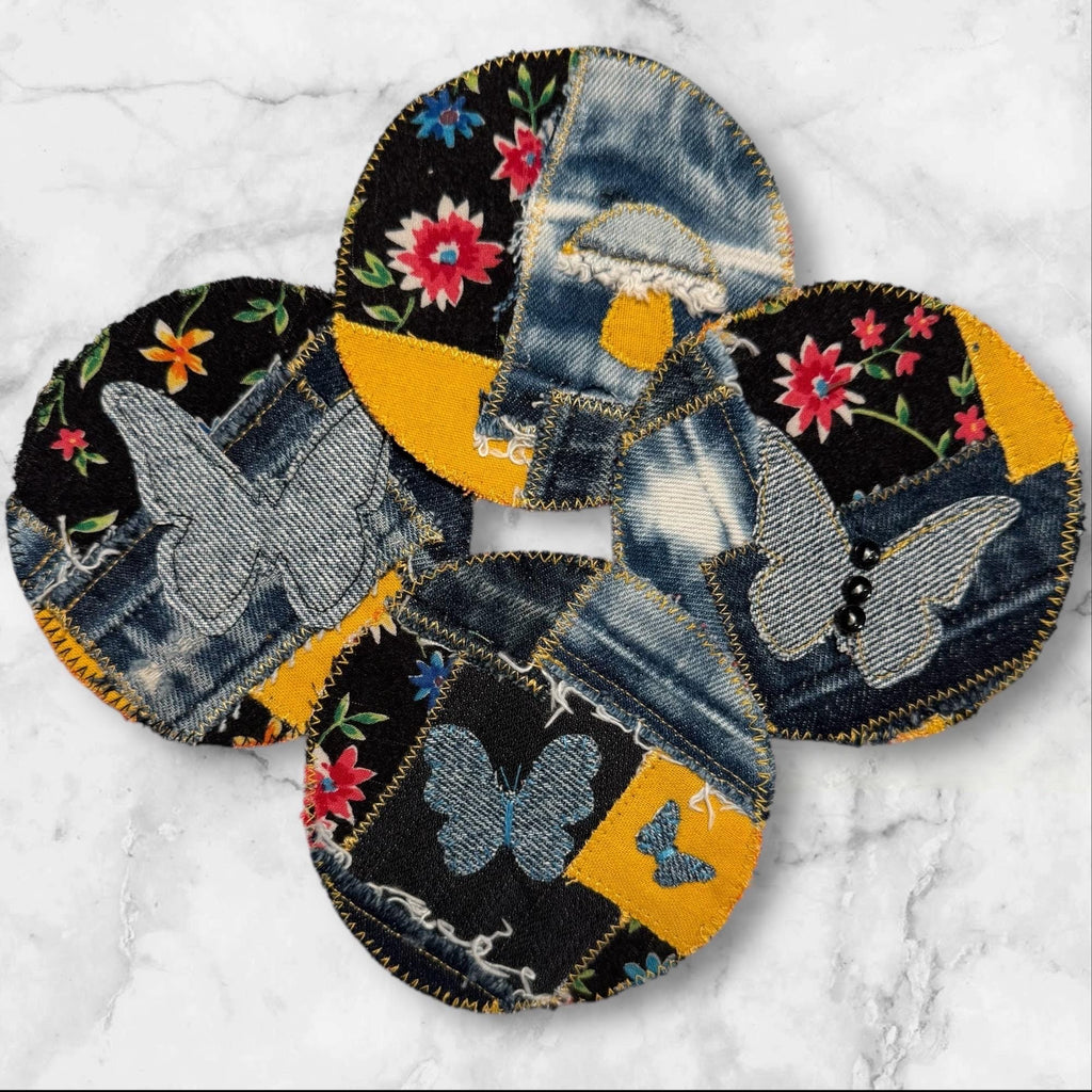 Handmade Patchwork Butterfly and Mushroom Patches – Sew-On Denim & Cotton Appliqué