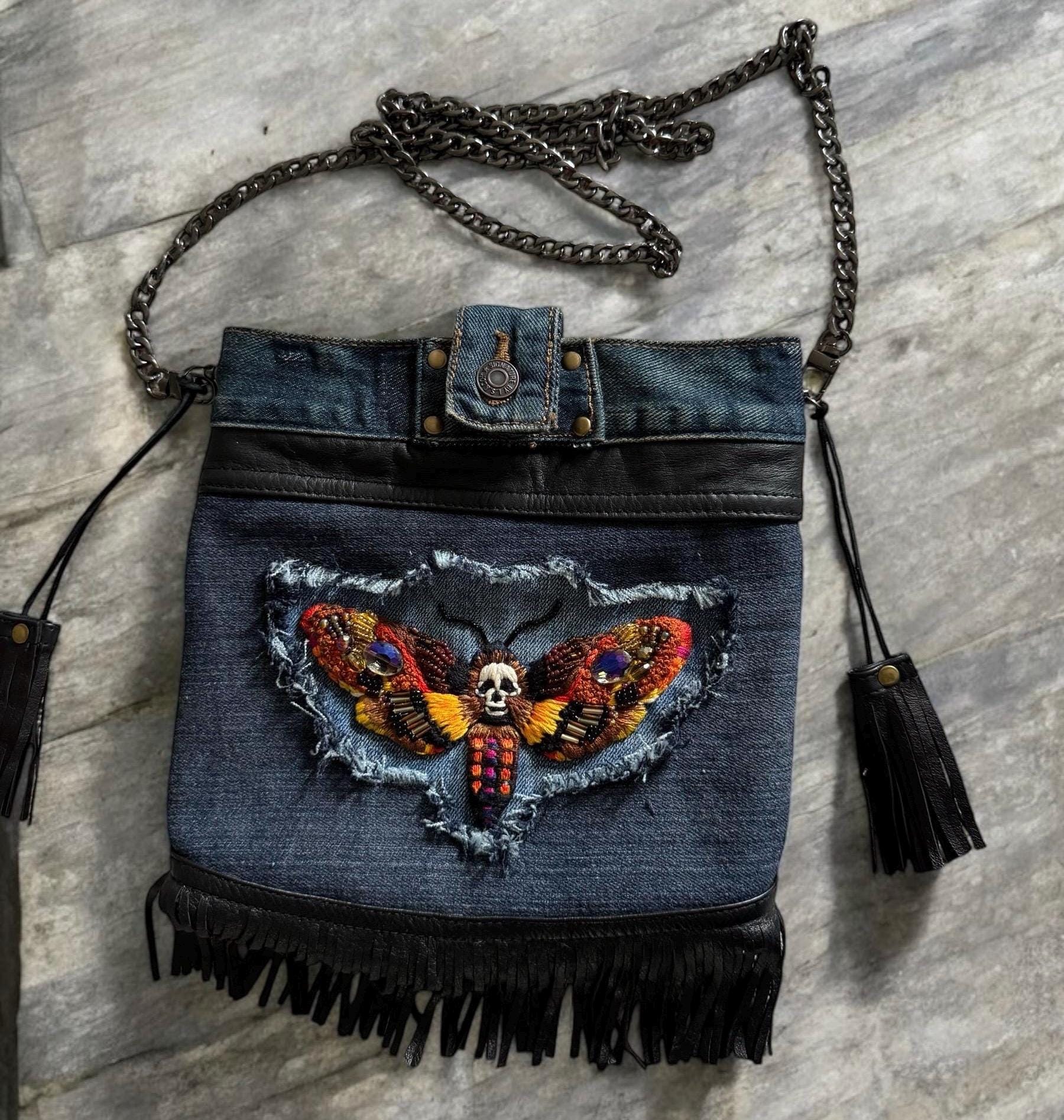 Handmade Denim Crossbody Bag – Embroidered Death Moth, Leather Fringe