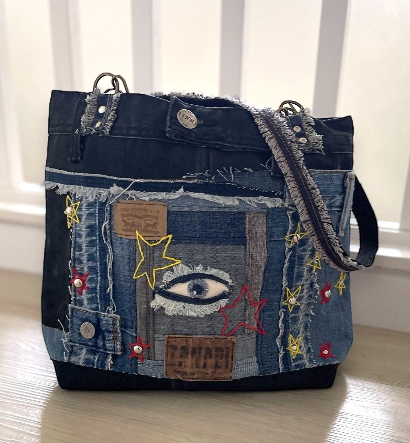 Denim patchwork shoulder bag-tote bag upcycled jeans boho bag