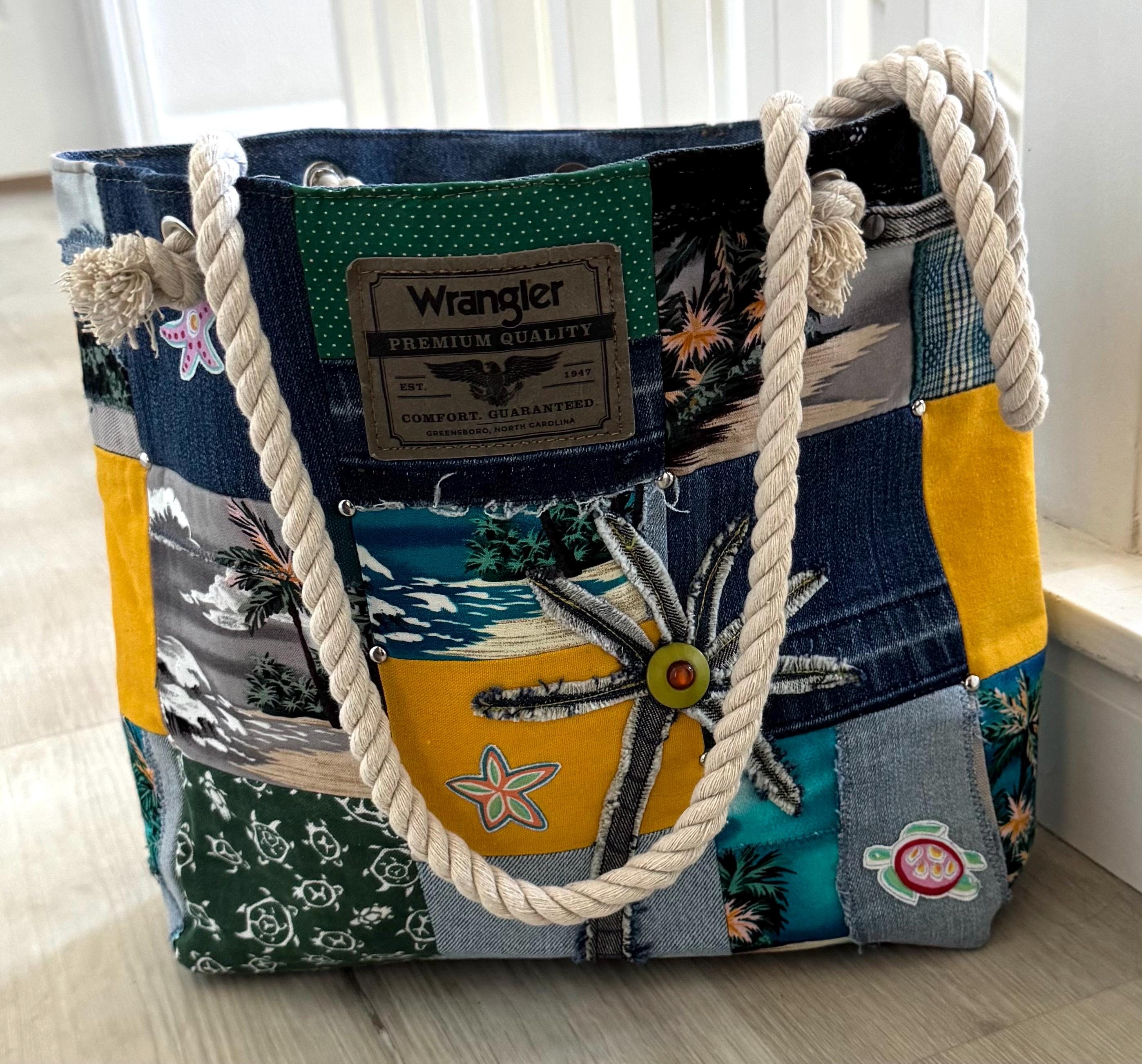 Tropical Patchwork Denim Tote Bag – Upcycled Beach Bag with Rope Handles