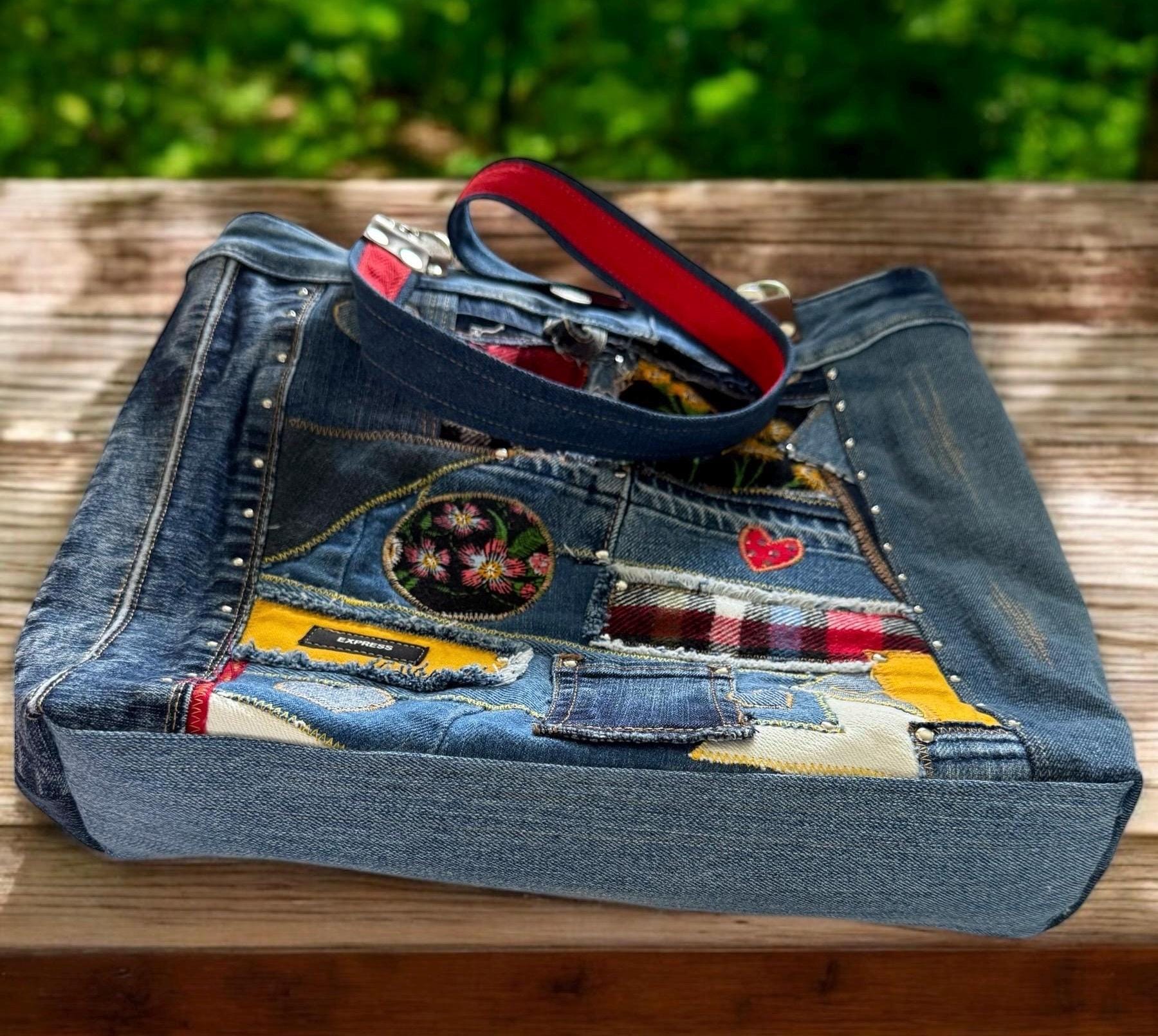 Boho Patchwork Denim Tote Bag-Handmade Upcycled Cotton Jean Purse & Embroidery