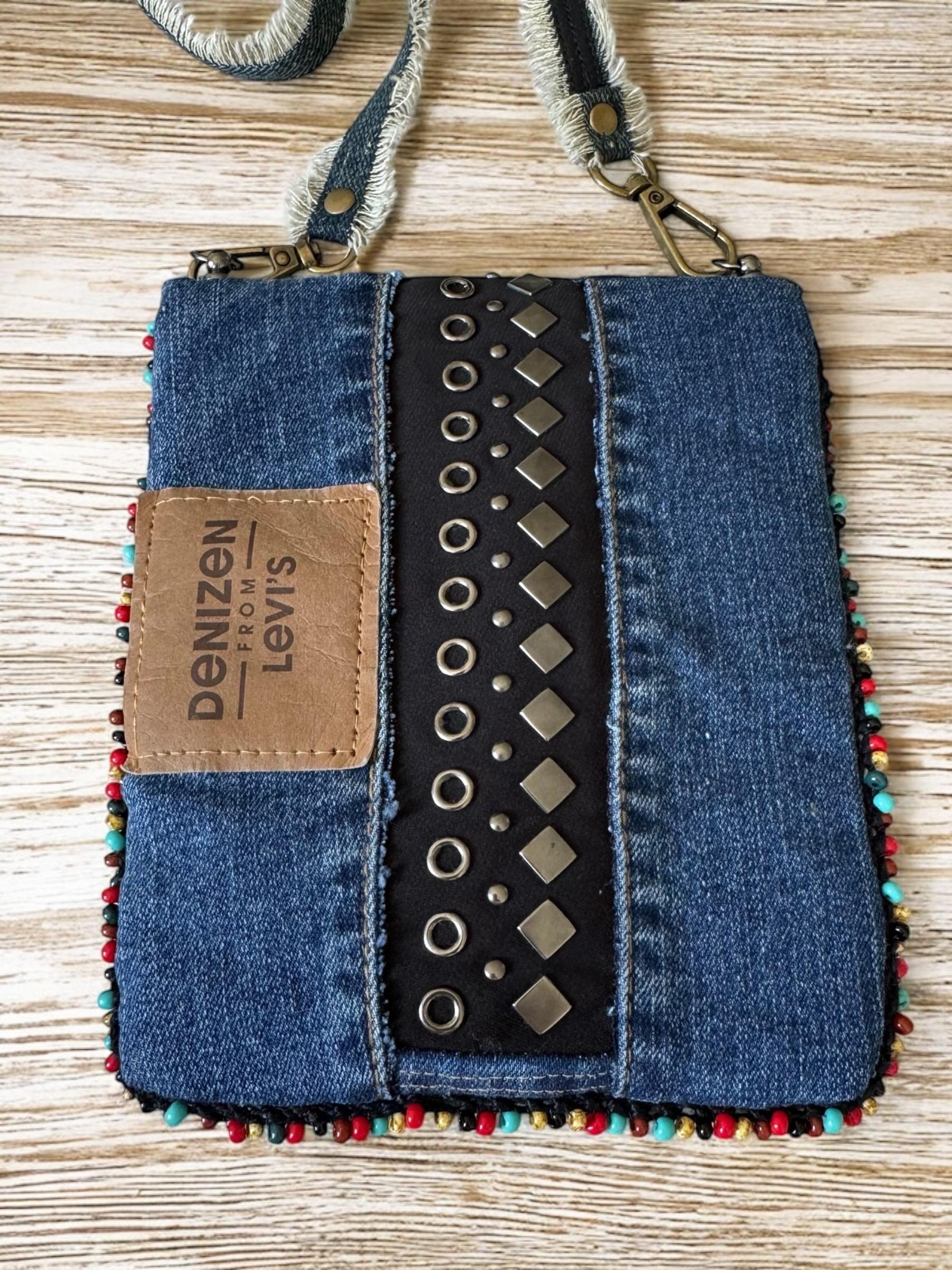 Upcycled Denim Crossbody Bag – Patchwork Design with Beaded Trim