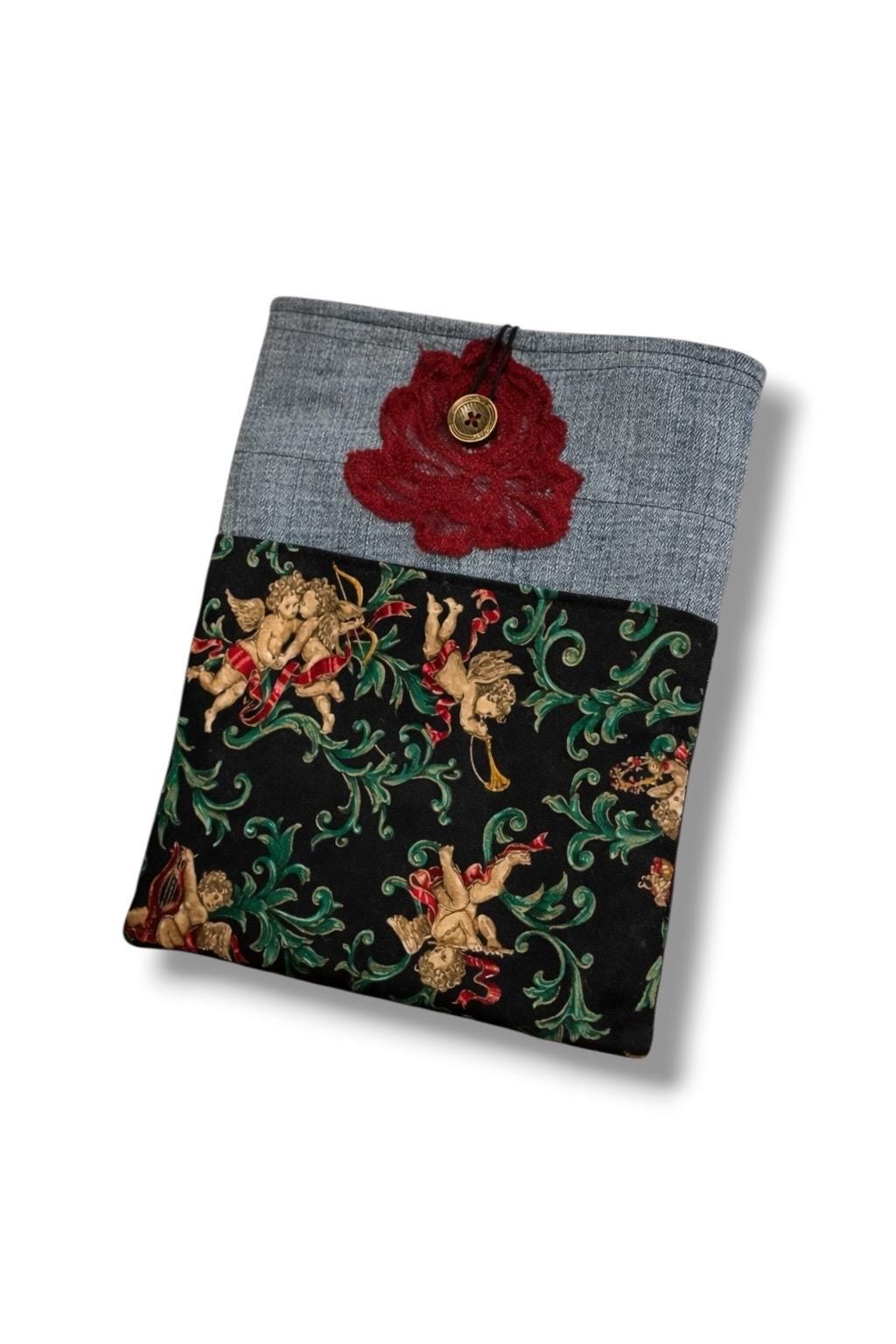 Medium Quilted Denim Sleeve | Patchwork Book Kindle Cover (8x10) Upcycled Bag