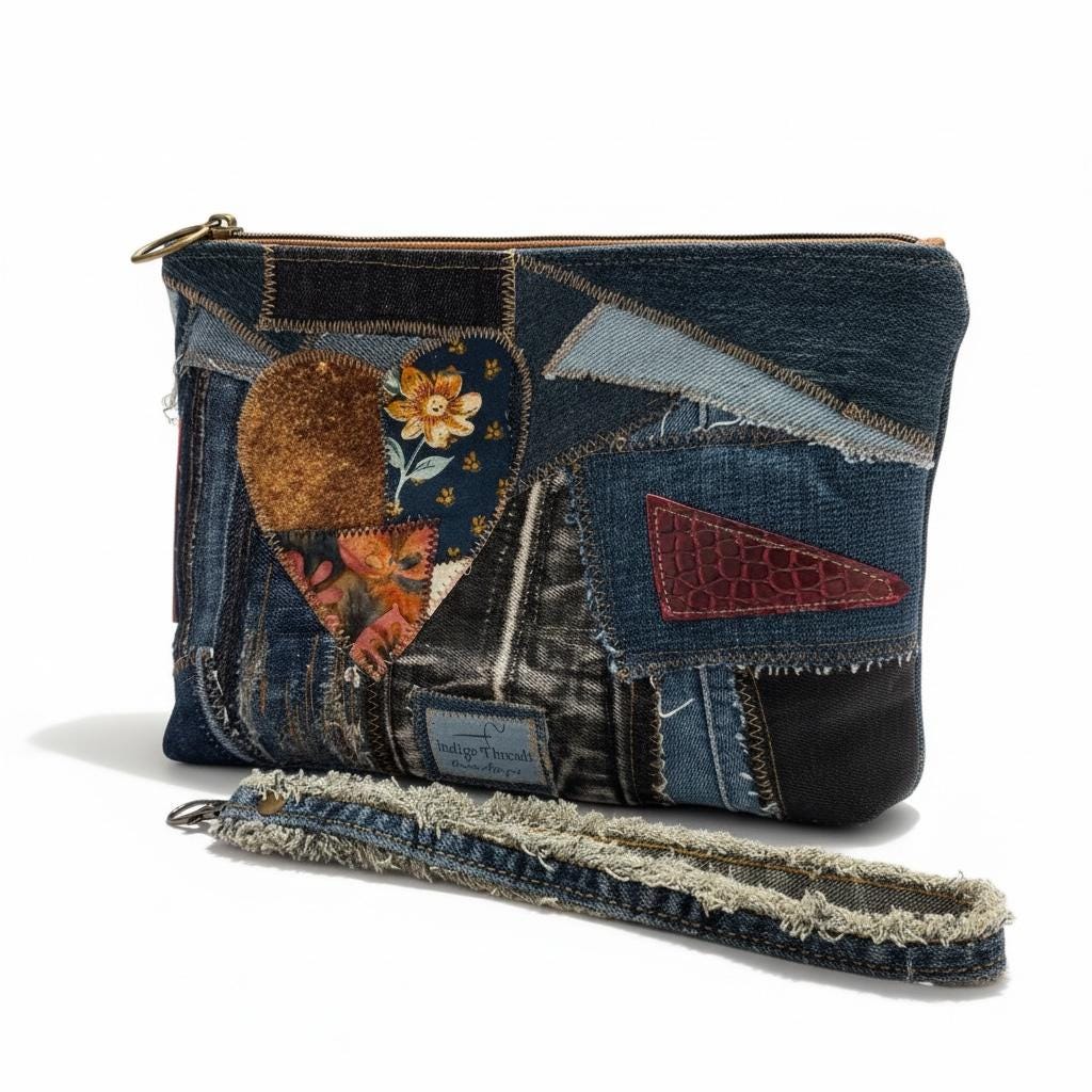 Handmade Upcycled Denim Patchwork Clutch – Boho Heart Appliqué Wristlet