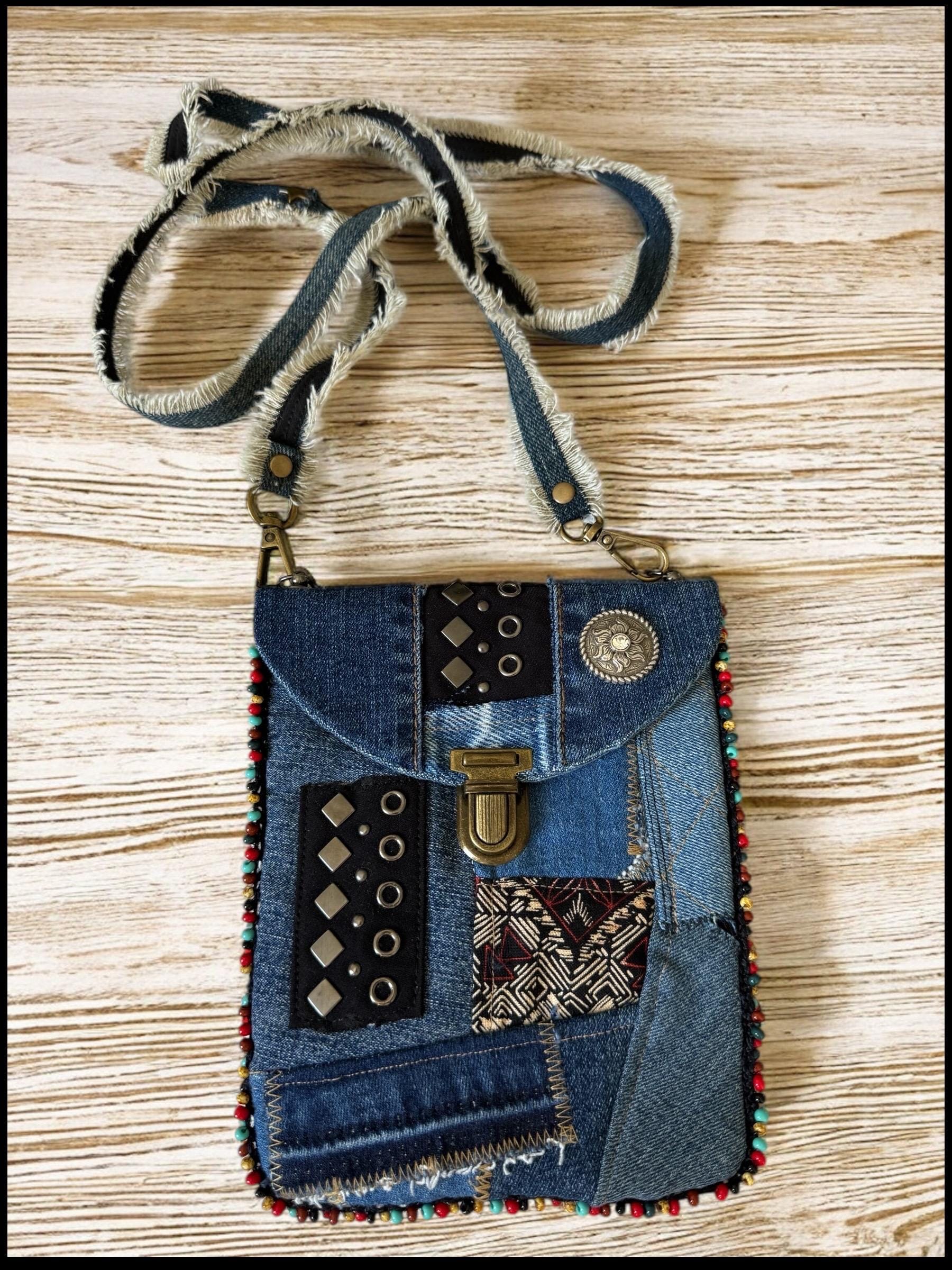 Upcycled Denim Crossbody Bag – Patchwork Design with Beaded Trim