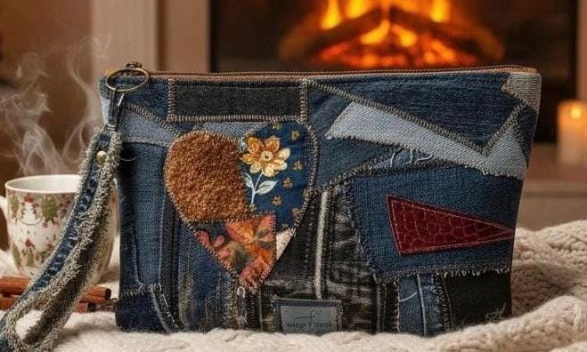 Handmade Upcycled Denim Patchwork Clutch – Boho Heart Appliqué Wristlet