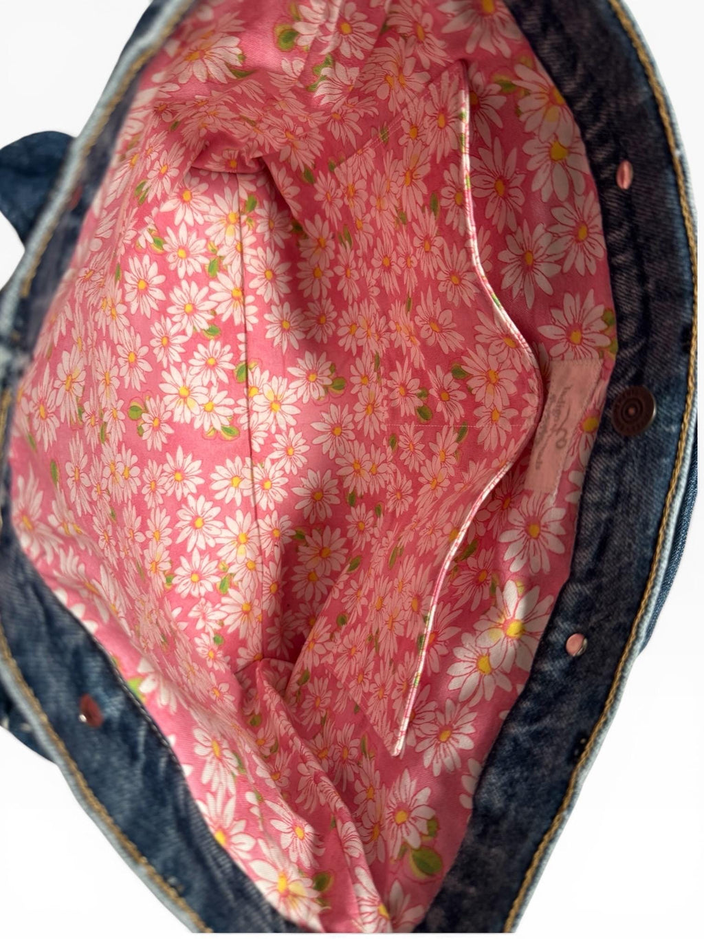 Patchwork Denim Butterfly Tote Bag – Upcycled Jeans Handbag, Floral Applique Purse