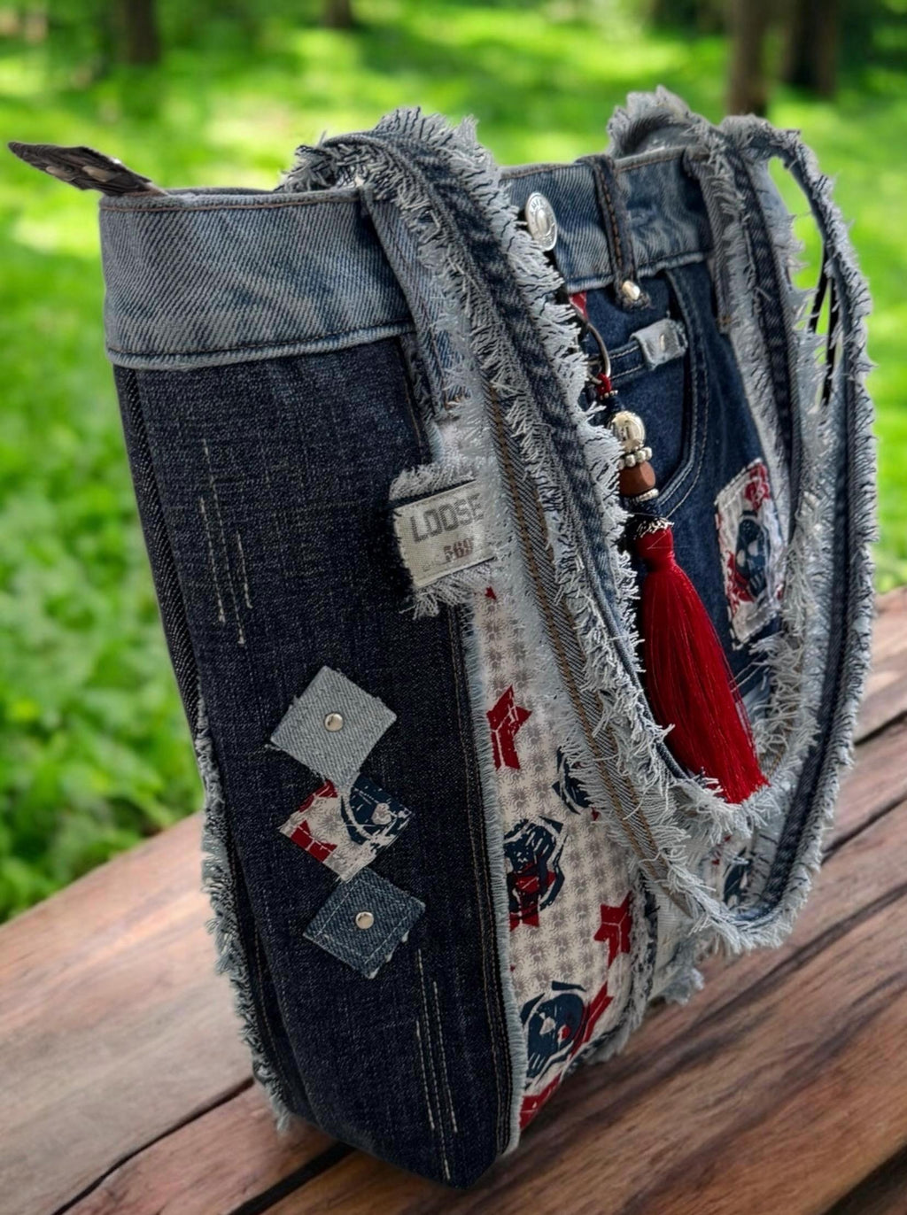 Upcycled Denim Tote: Handmade Skull Patchwork Shoulder Bag