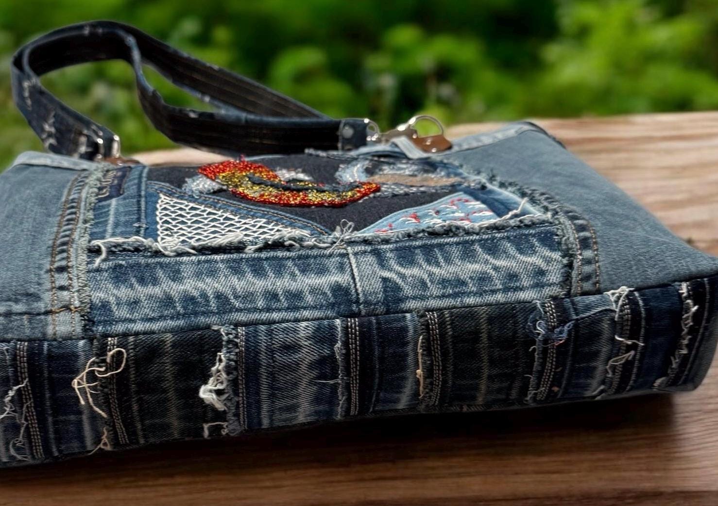 Upcycled Denim Tote Bag: Handmade Beaded Koi Fish Shoulder Bag