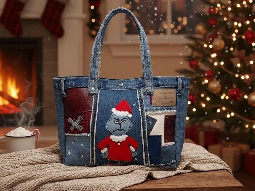 Grinch Christmas Patchwork upcycle Denim Tote Bag – Handmade – One of a Kind