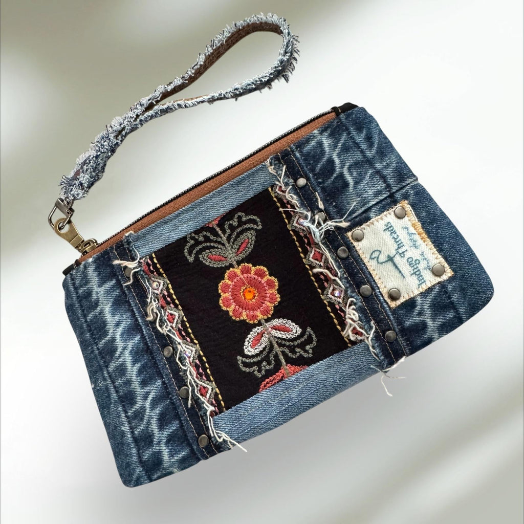 One-of-a-Kind Denim Patchwork Wristlet Clutch – Handmade Wallet, 7.5”x5”, Zipper Closure, 3 Card Slots