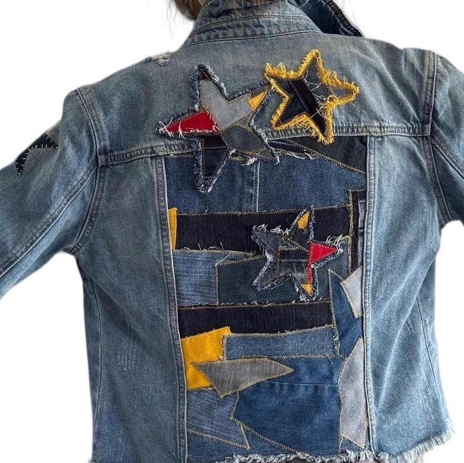 Upcycled Denim Star Patchwork Jacket: Distressed Handmade Jean Jacket - S/M