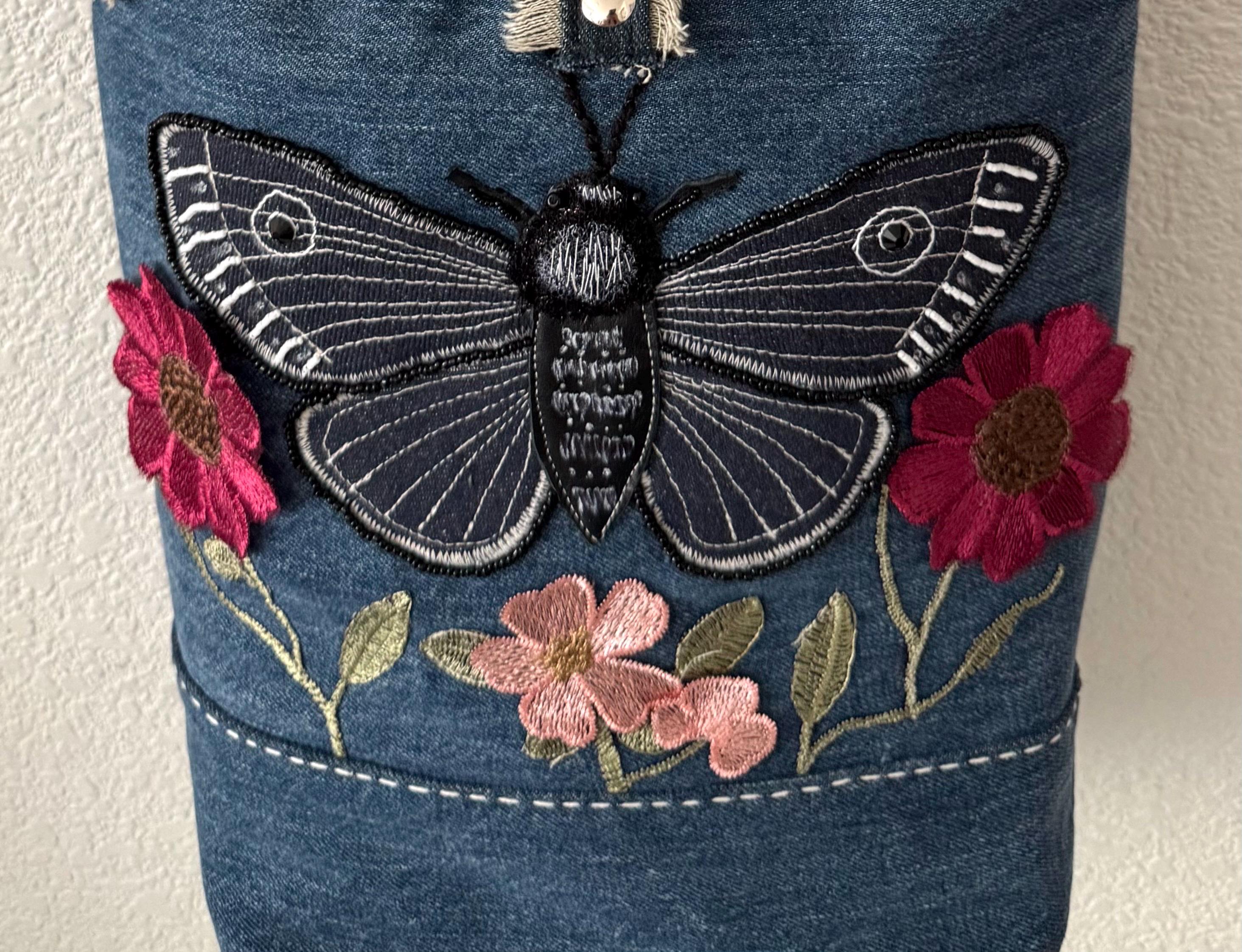 Upcycled Denim Crossbody Bag – Hand-Embroidered Moth Floral Patchwork Bag