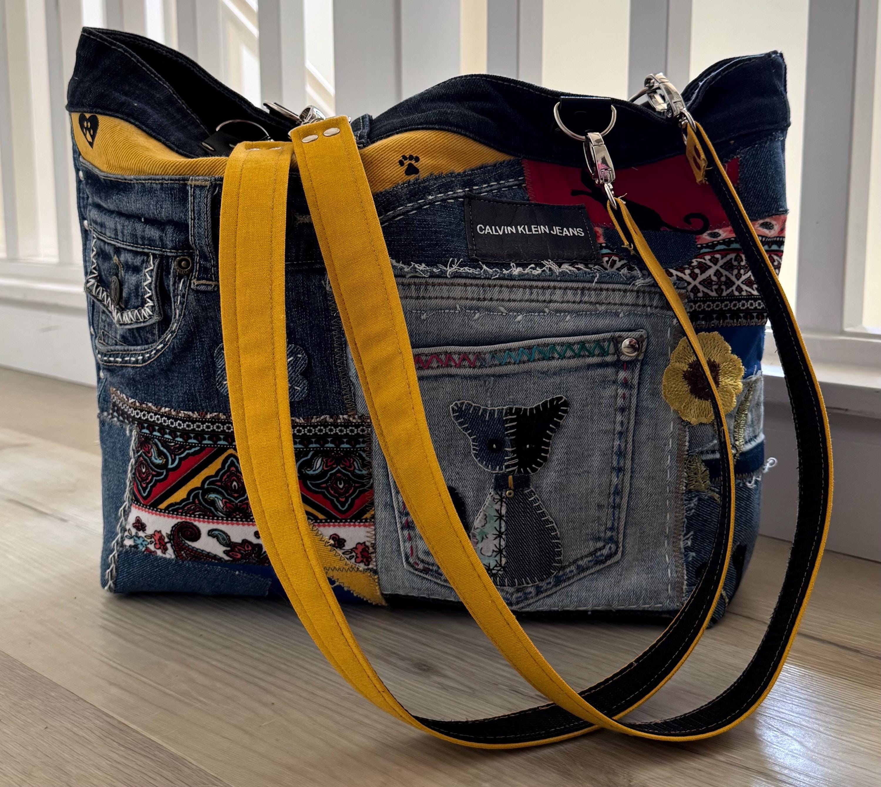 Upcycled Denim Tote Bag: Boho Patchwork with Cat Appliqué