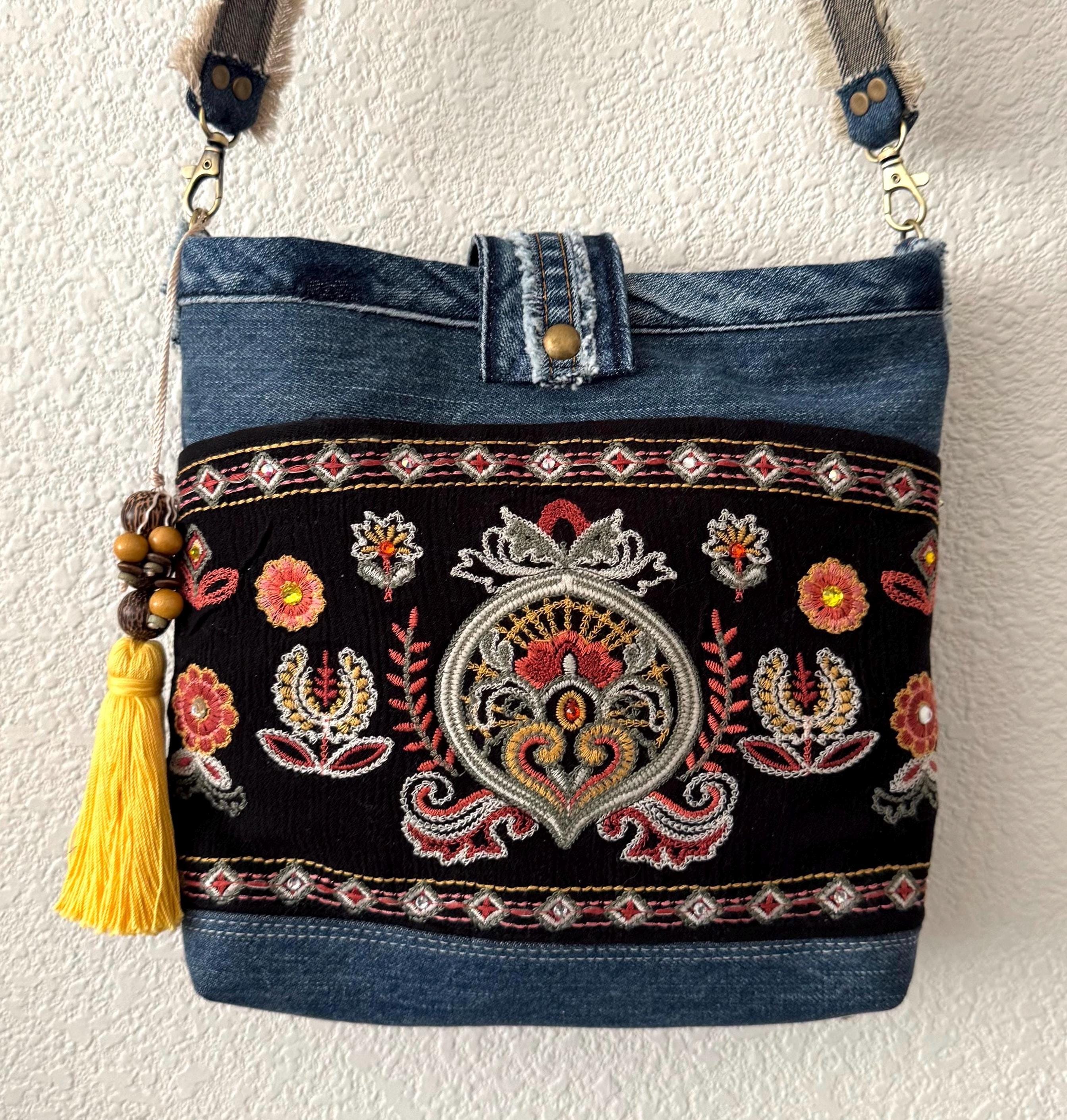 Denim Crossbody Bag with Intricate Embroidered Design | Handmade Shoulder Bag | Boho Folk Style | One-of-a-Kind
