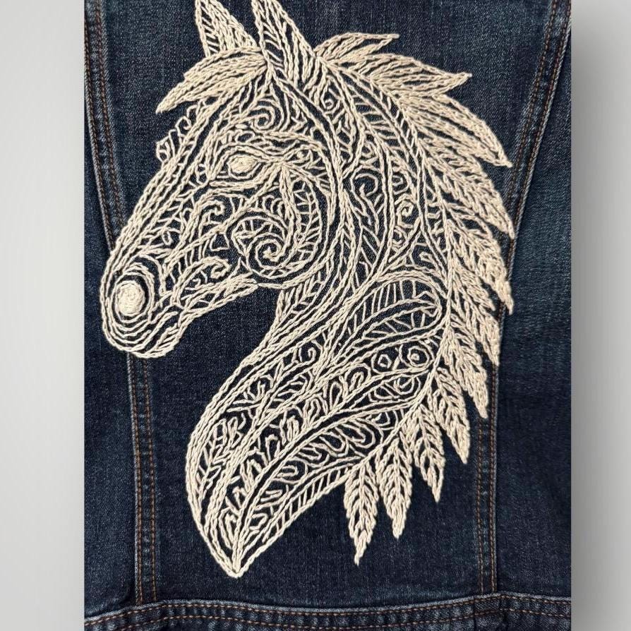 Hand Embroidered Horse Denim Jacket: Upcycled Boho Western Wear