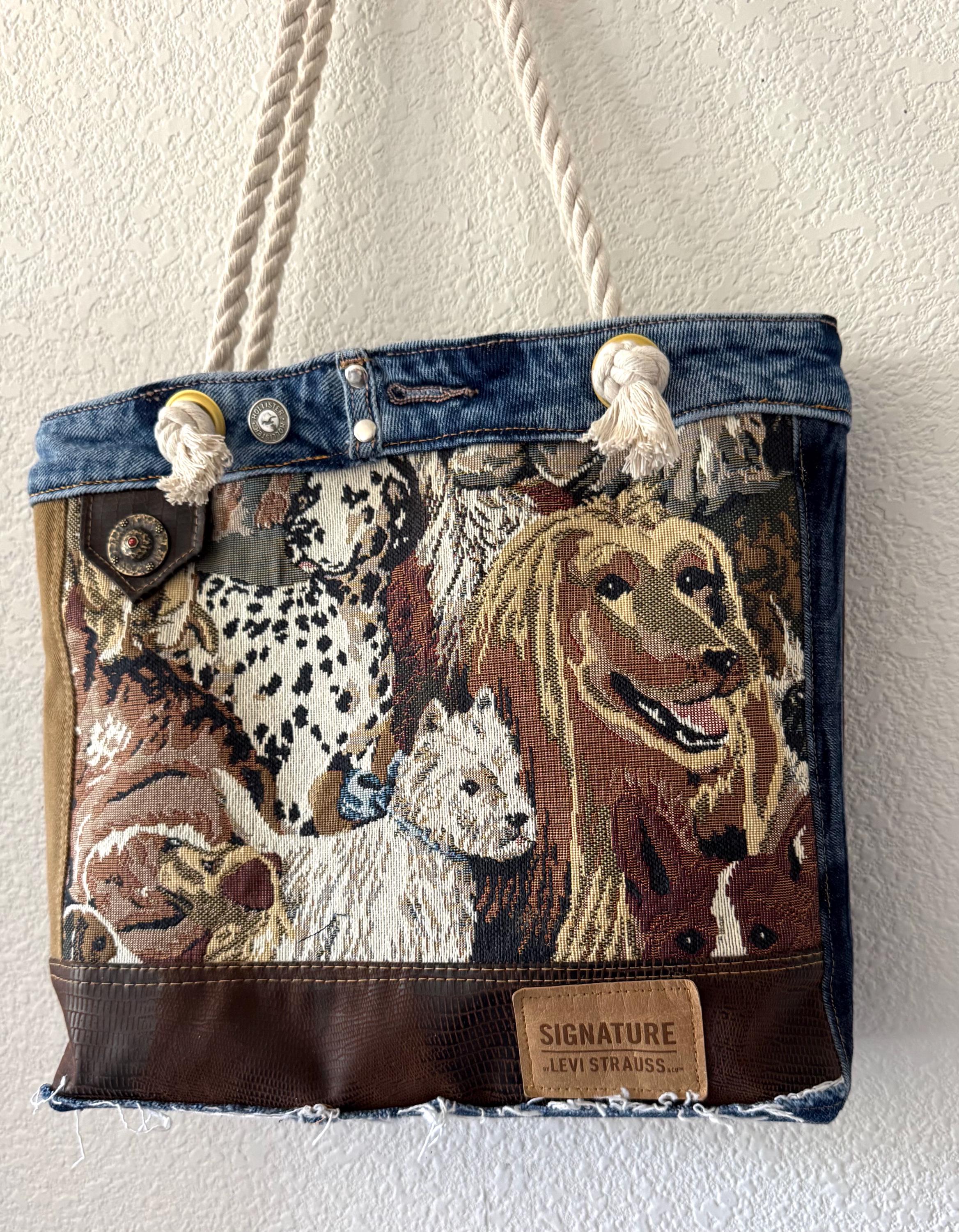 Dog Tapestry Tote Bag: Upcycled Denim & Rope Handles