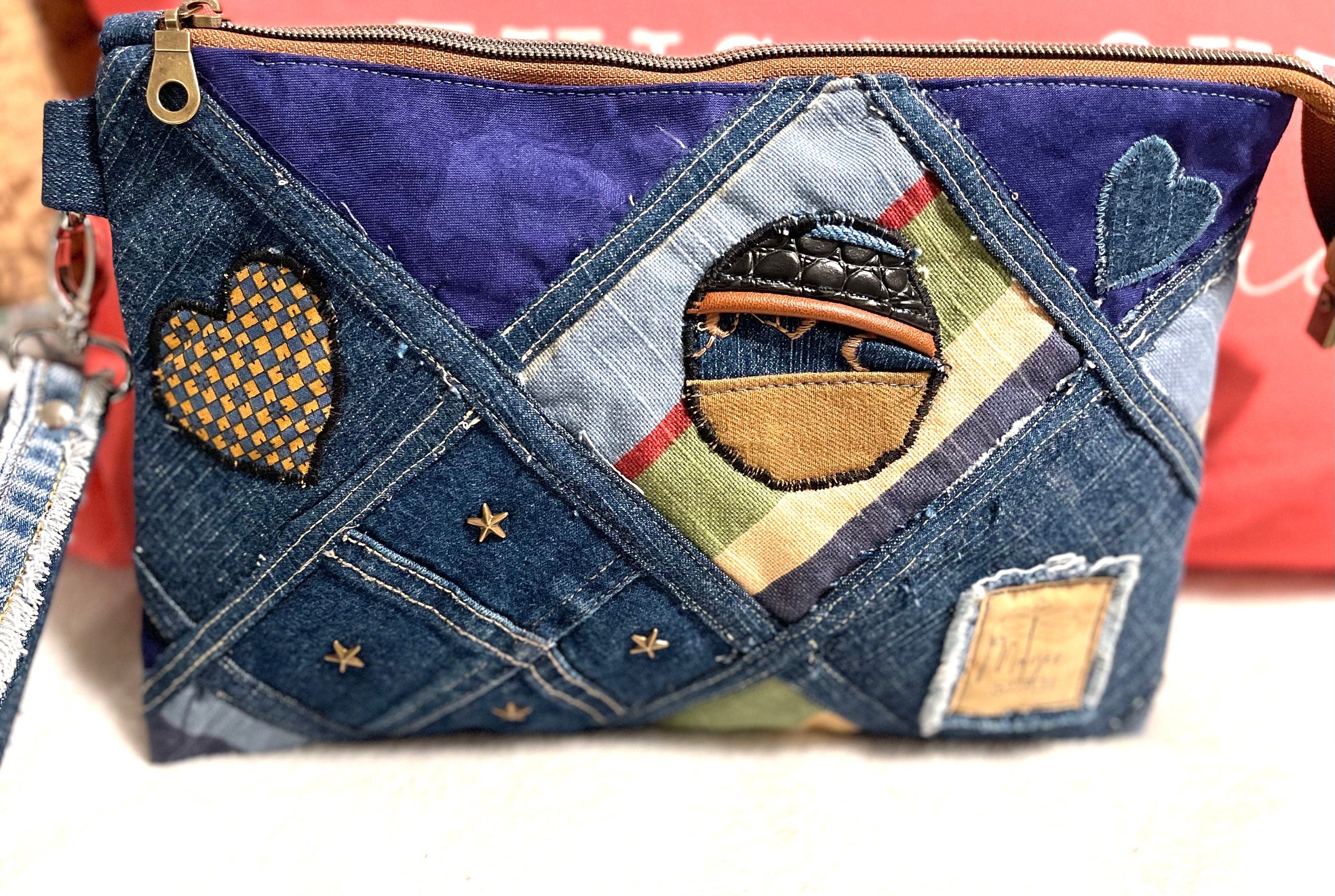 Denim Patchwork Clutch Wristlet: Upcycled Jeans, Boho Chic Bag