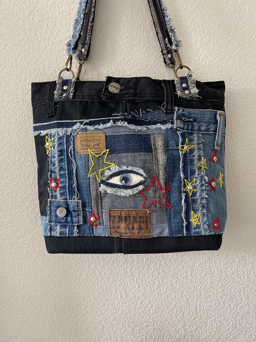 Denim patchwork shoulder bag-tote bag upcycled jeans boho bag