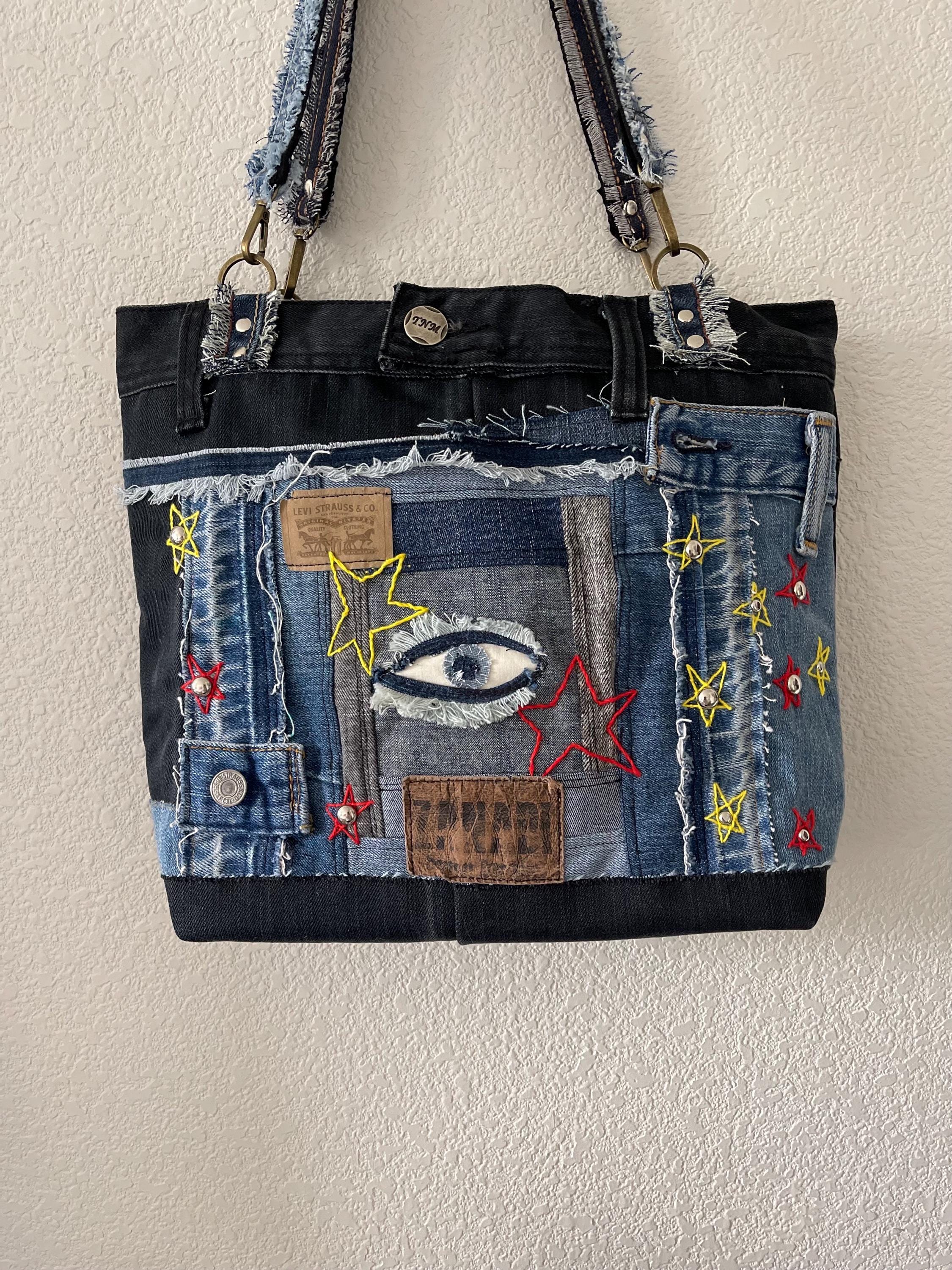 Denim patchwork shoulder bag-tote bag upcycled jeans boho bag