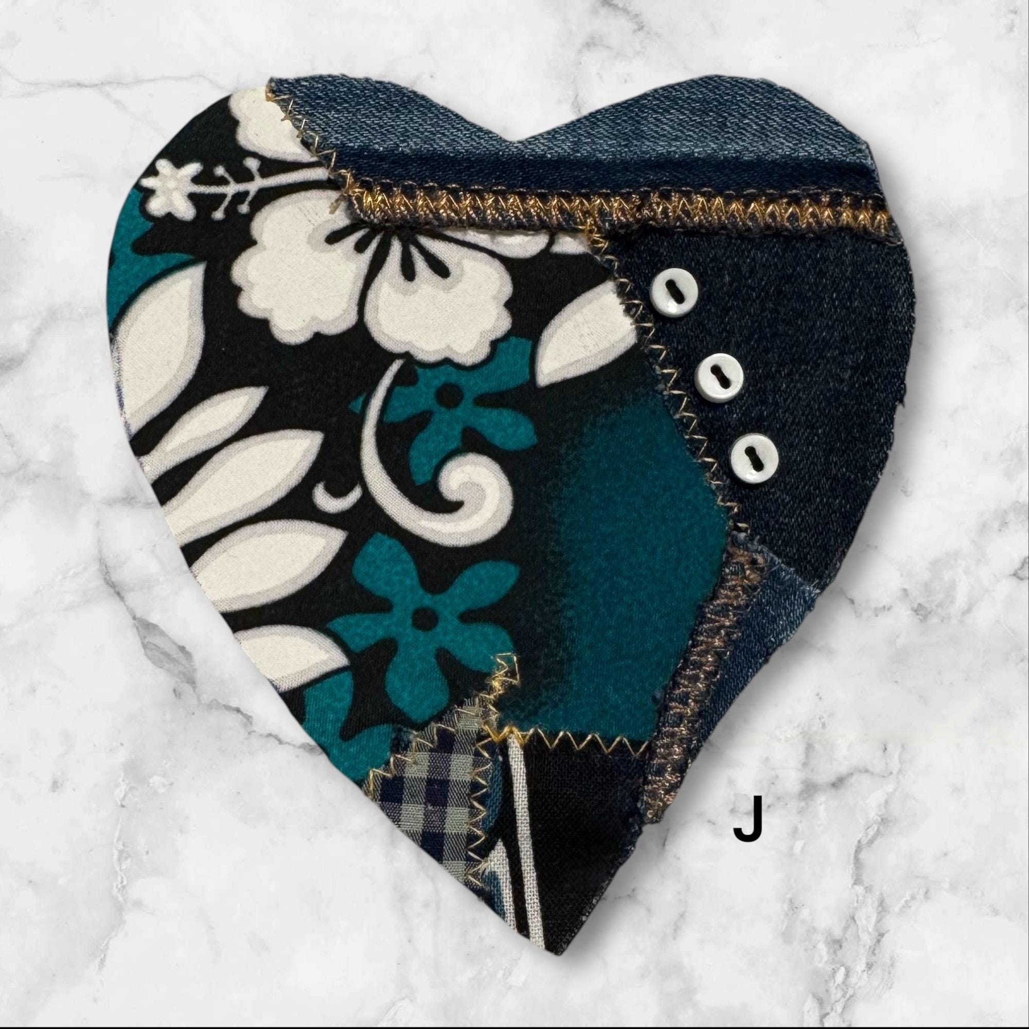 Handmade Denim Heart Patch: Upcycled Surf Floral Sew-On Applique