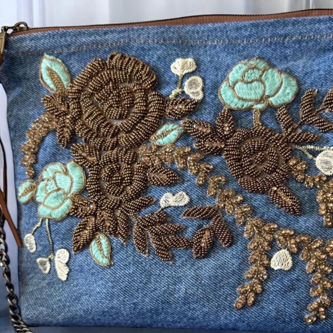 Embroidered Denim Crossbody Bag: Floral Beaded Appliqué, Gold Chain