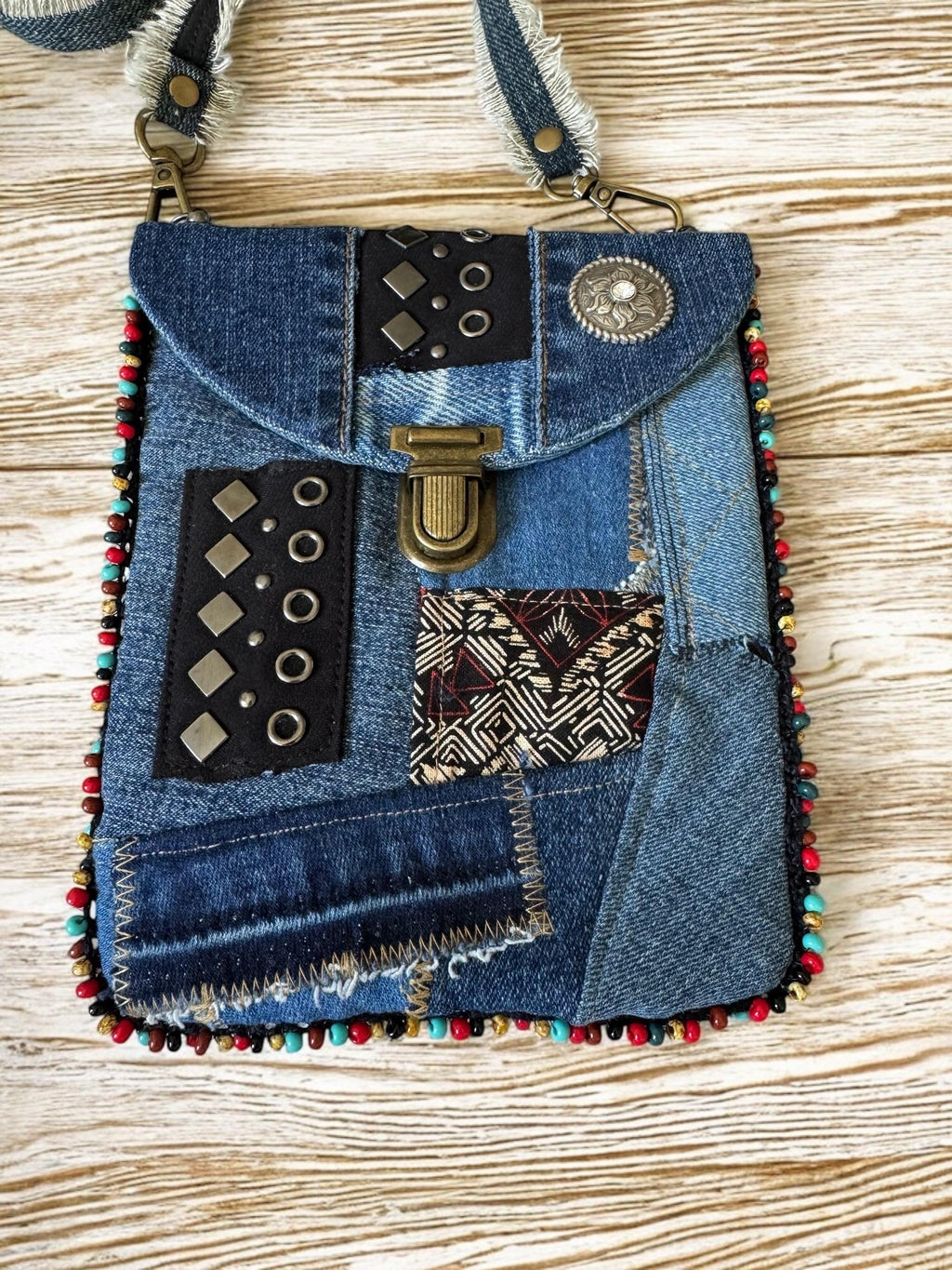Upcycled Denim Crossbody Bag – Patchwork Design with Beaded Trim