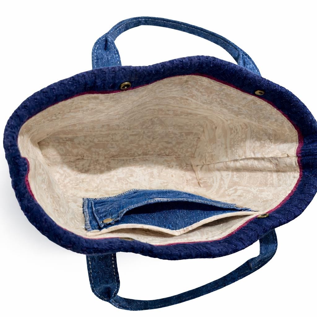 Handmade Denim Patchwork Tote Bag, Embroidered Bird, Upcycled Jean Boho Bag