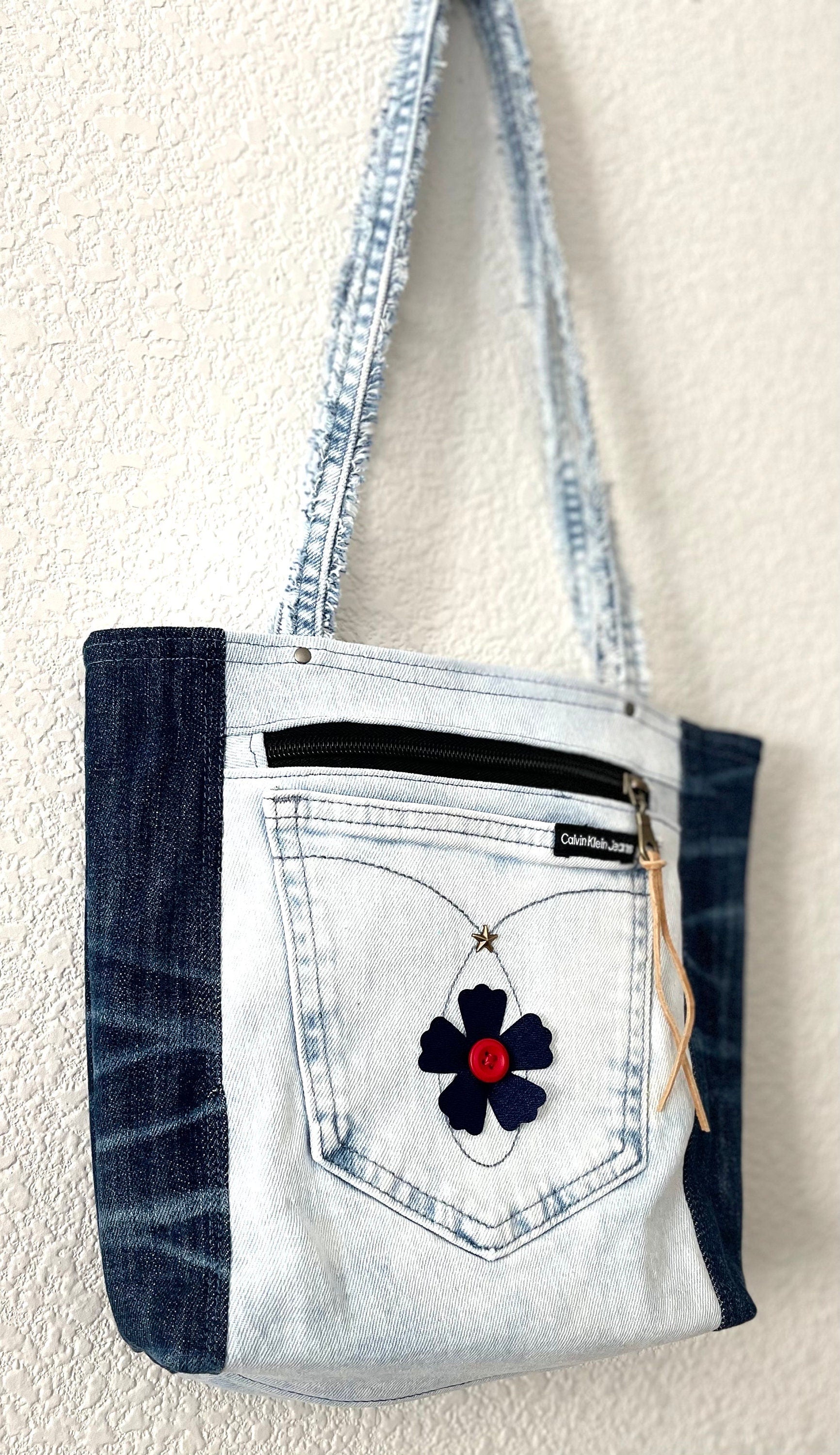 Denim Patchwork & Sachiko hand, embroidery,  Shoulder Bag - Upcycled Jeans