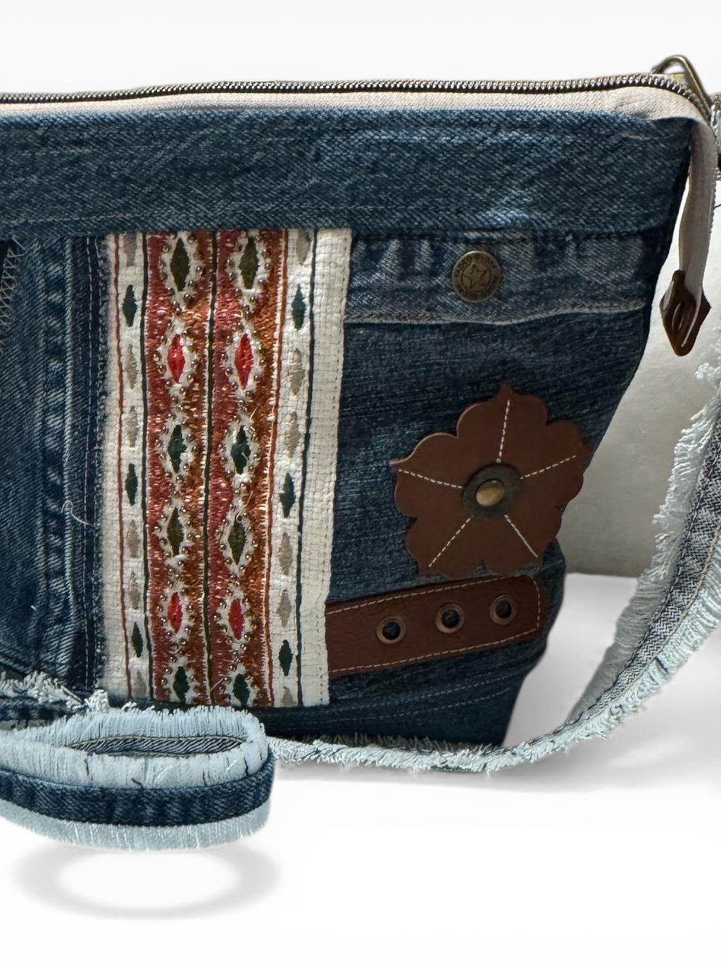 Upcycled Denim Crossbody Bag | Patchwork Boho Western Purse with Leather Flower