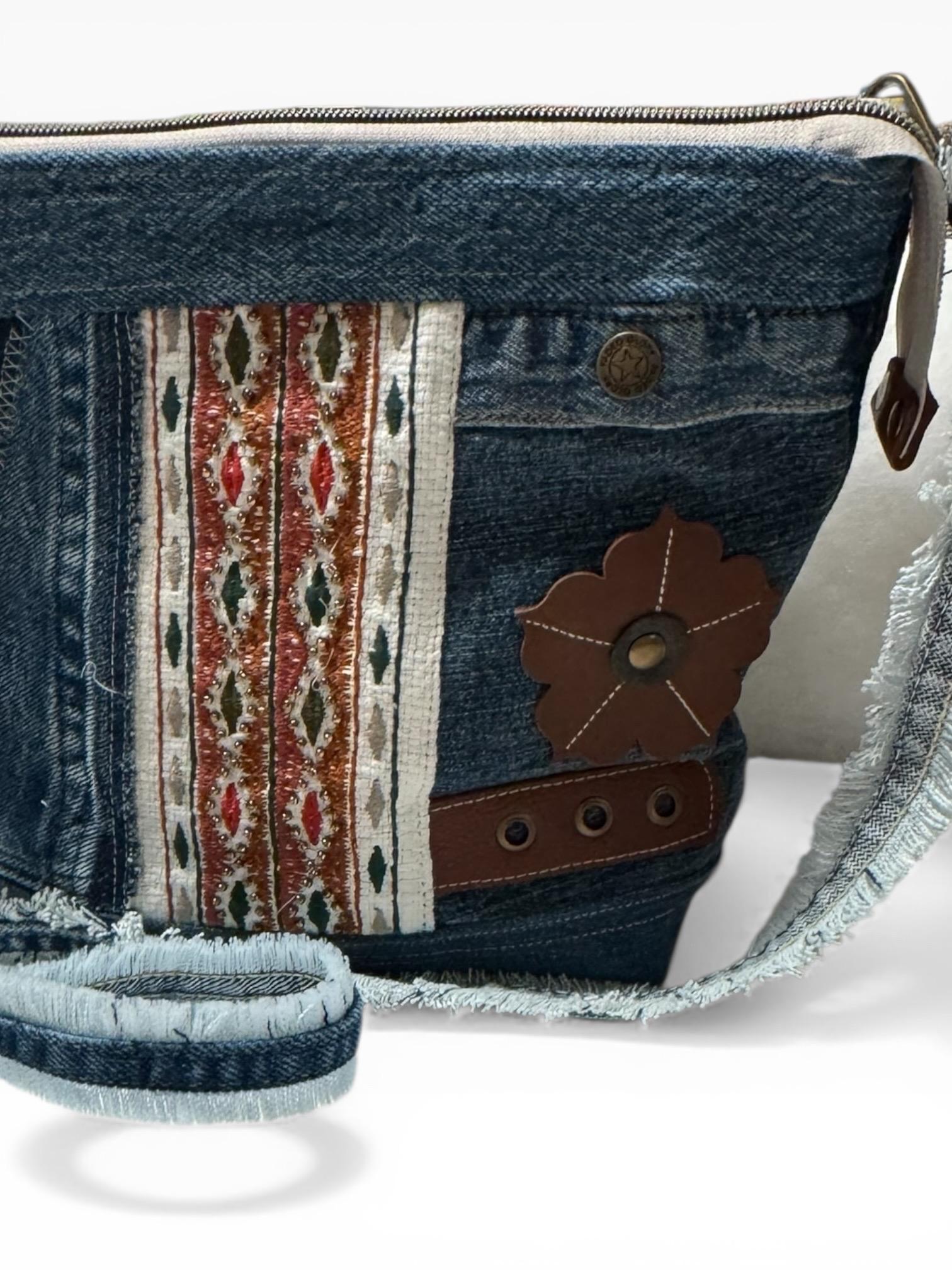 Upcycled Denim Crossbody Bag | Patchwork Boho Western Purse with Leather Flower