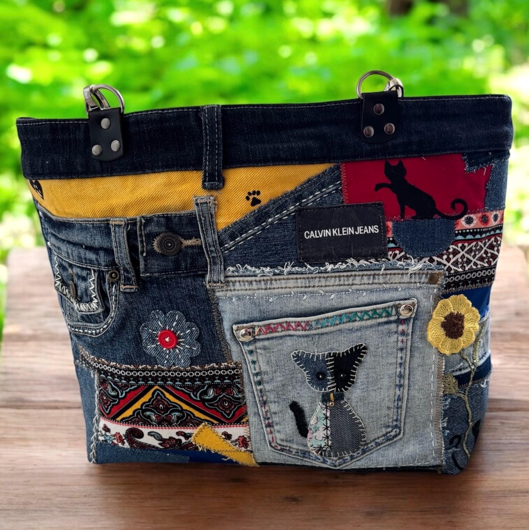 Upcycled Denim Tote Bag: Boho Patchwork with Cat Appliqué