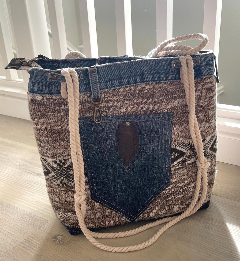 Denim & Textured Knit Upcycled Shoulder Bag | Eco-Friendly, Handmade, One-of-a-Kind Tote bag