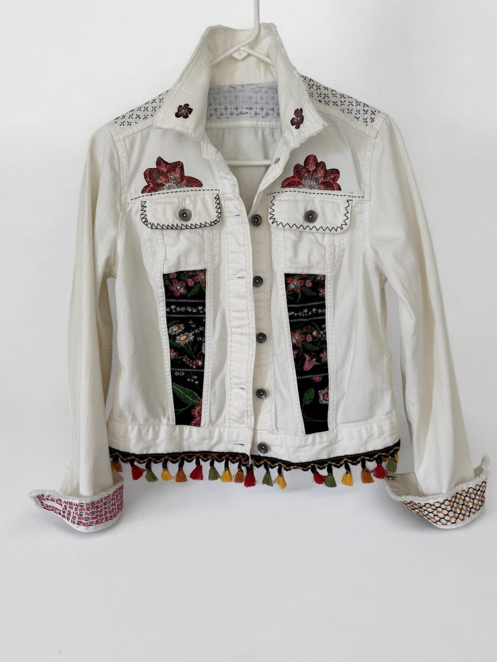 One-of-a-Kind White Distressed Denim Jacket – Patchwork, Sashiko Stitching & Tassel Embellishments – Small Size