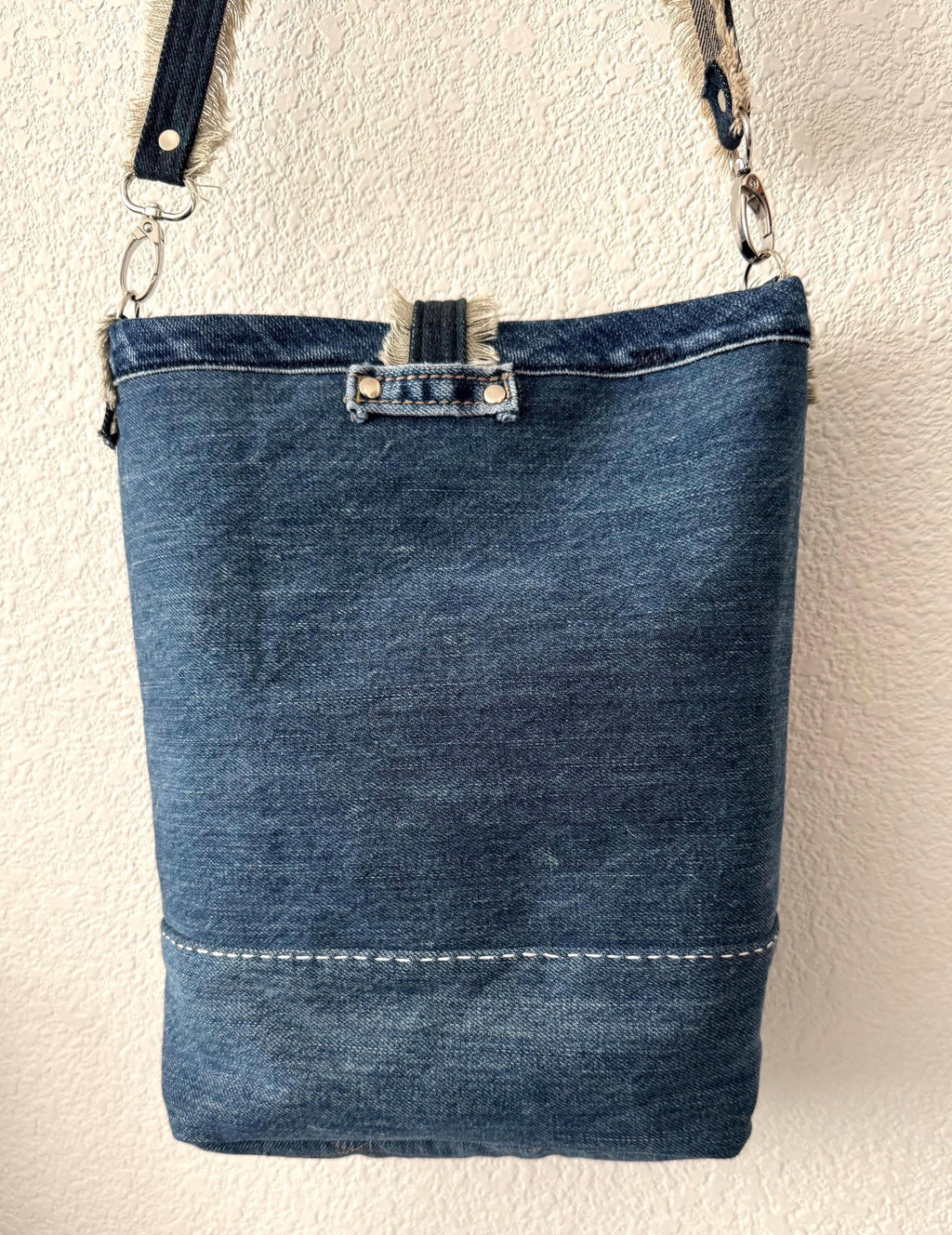 Upcycled Denim Crossbody Bag – Hand-Embroidered Moth Floral Patchwork Bag