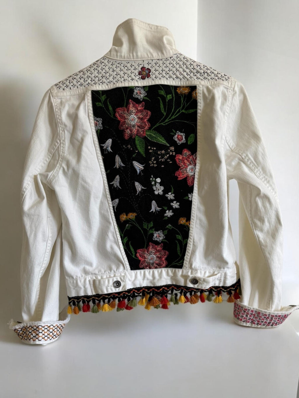 One-of-a-Kind White Distressed Denim Jacket – Patchwork, Sashiko Stitching & Tassel Embellishments – Small Size