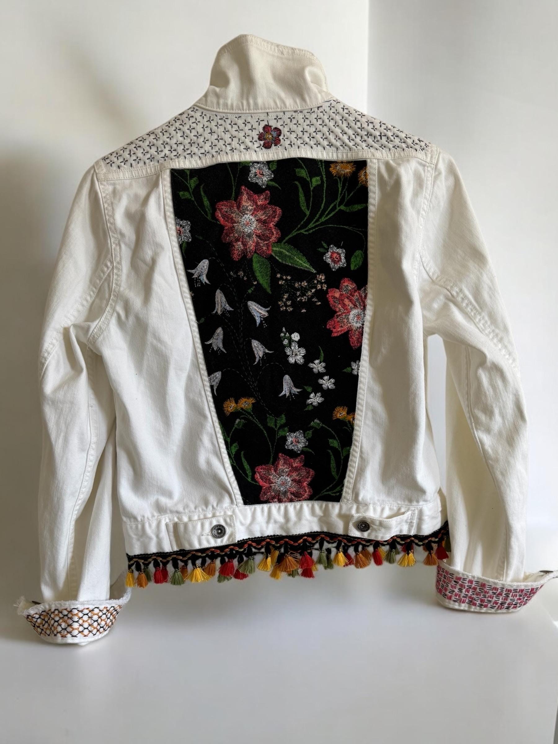 One-of-a-Kind White Distressed Denim Jacket – Patchwork, Sashiko Stitching & Tassel Embellishments – Small Size