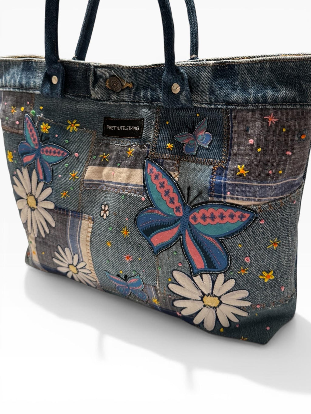 Patchwork Denim Butterfly Tote Bag – Upcycled Jeans Handbag, Floral Applique Purse