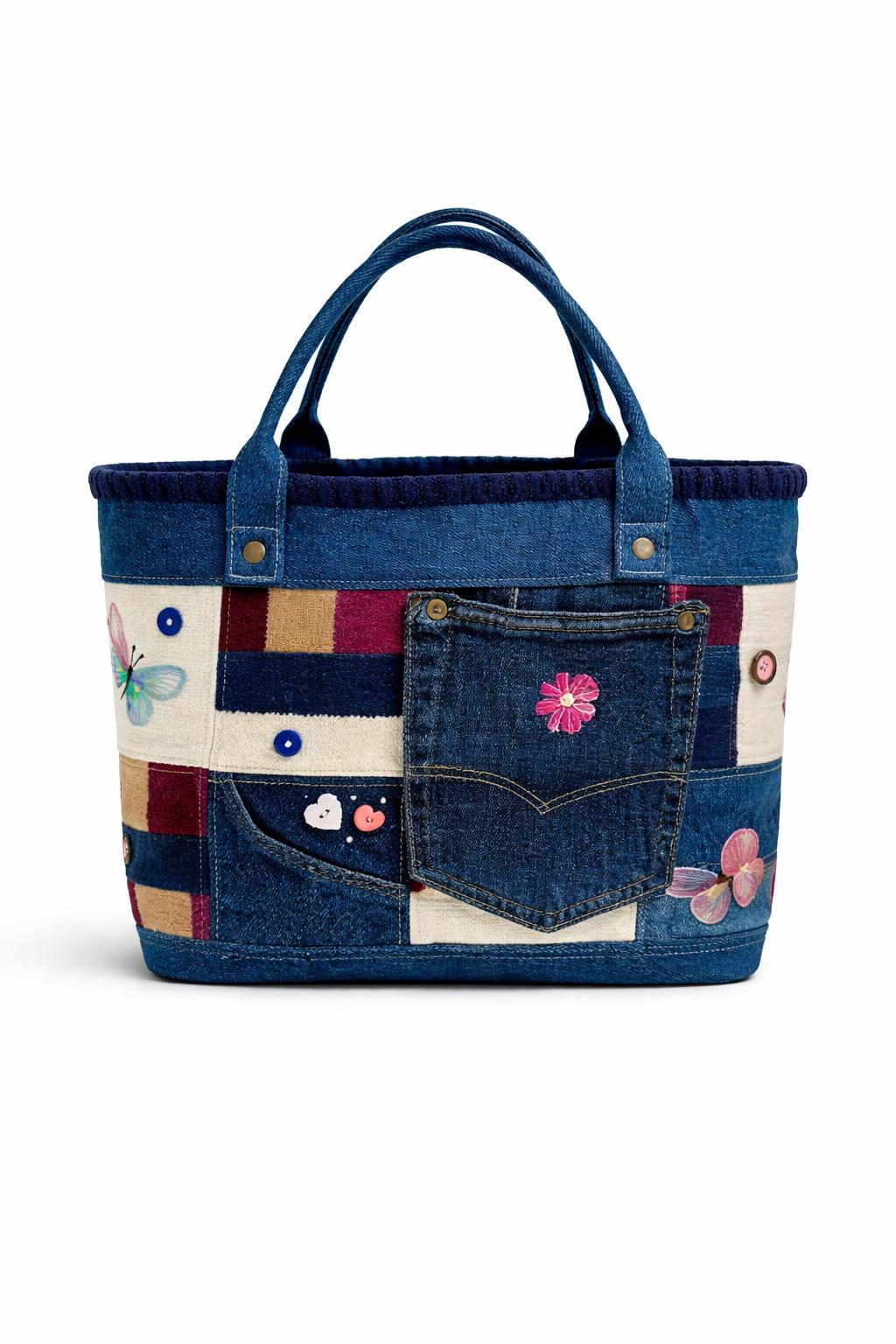 Handmade Denim Patchwork Tote Bag, Embroidered Bird, Upcycled Jean Boho Bag