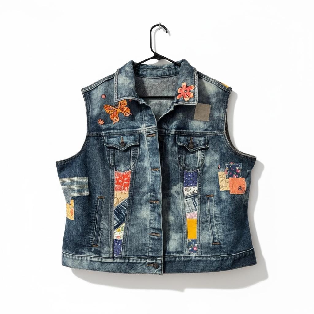 Upcycled Denim Patchwork Vest XXL | Handmade Boho Hippie Style