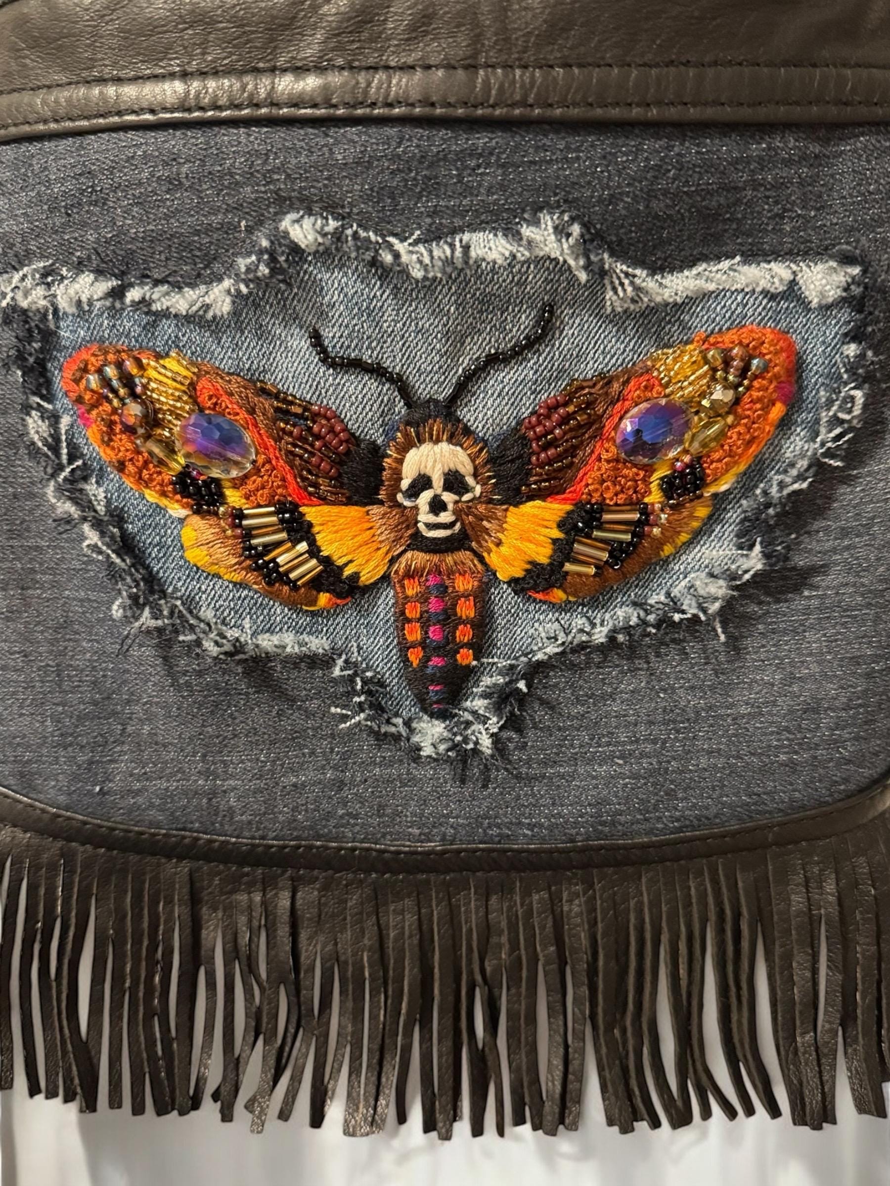 Handmade Denim Crossbody Bag – Embroidered Death Moth, Leather Fringe