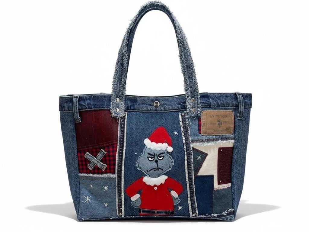 Grinch Christmas Patchwork upcycle Denim Tote Bag – Handmade – One of a Kind