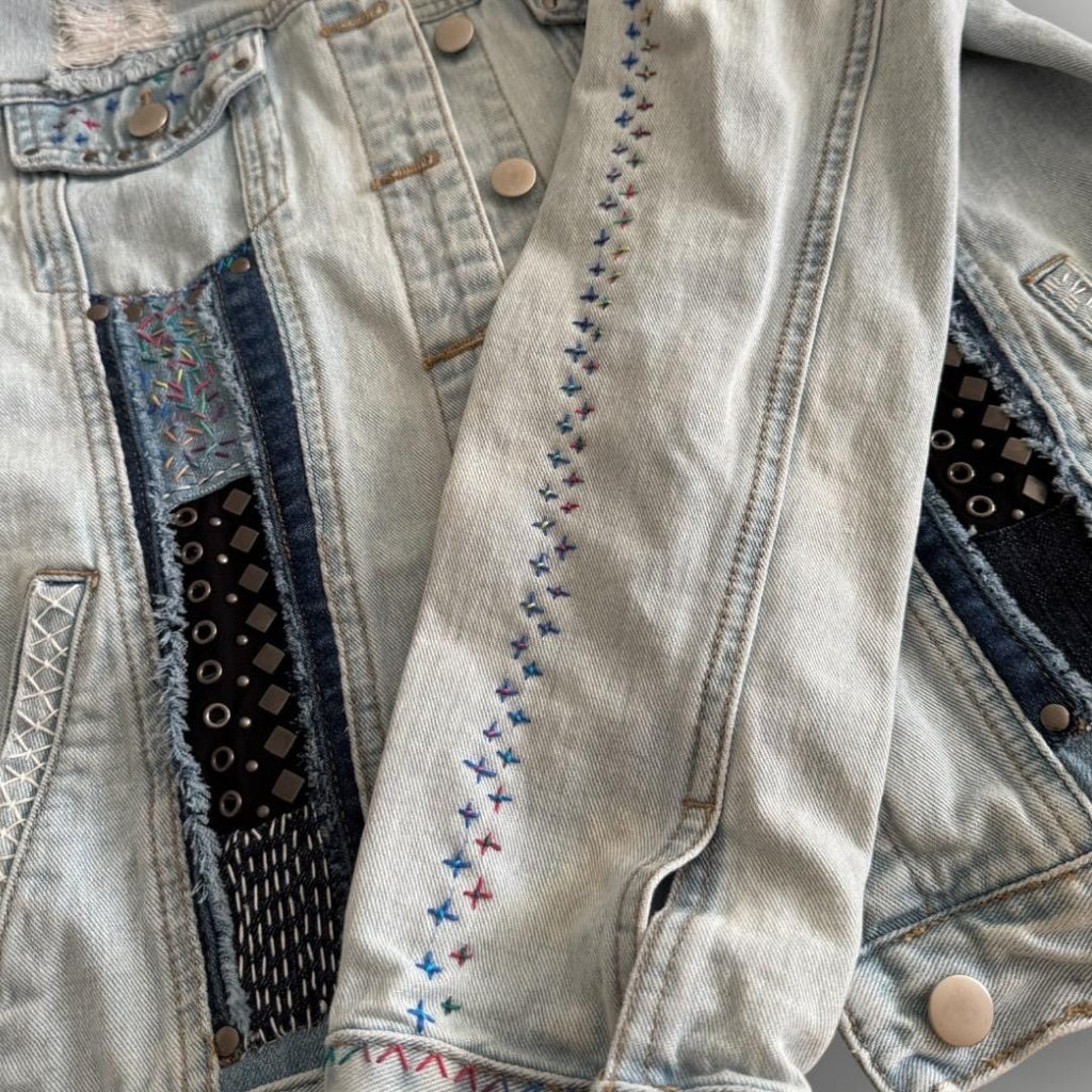 One-of-a-Kind Sashiko Boro Denim Jacket with Butterfly Appliqué | Hand-Embroidered, Upcycled, Japanese Threads