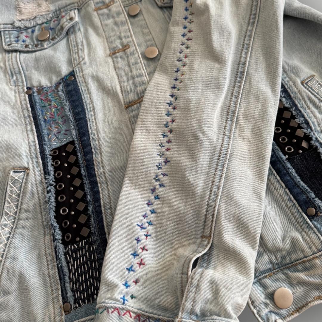 One-of-a-Kind Sashiko Boro Denim Jacket with Butterfly Appliqué | Hand-Embroidered, Upcycled, Japanese Threads
