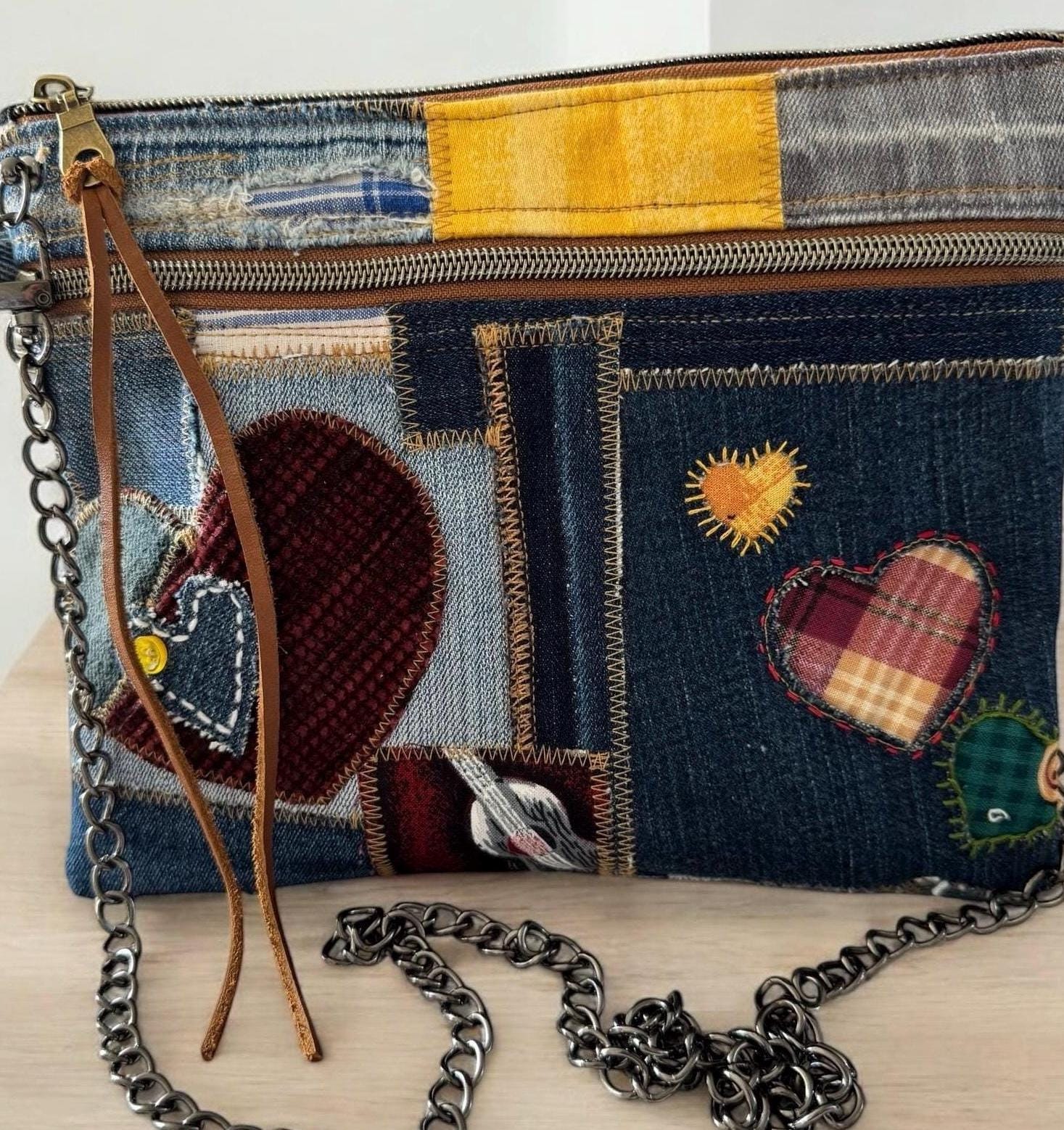 Handmade Denim Crossbody Clutch: Upcycled Patchwork Bag with Heart Appliqués