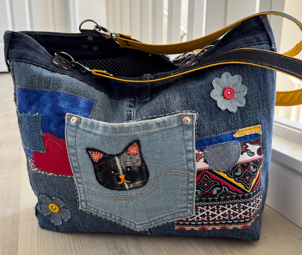 Upcycled Denim Tote Bag: Boho Patchwork with Cat Appliqué
