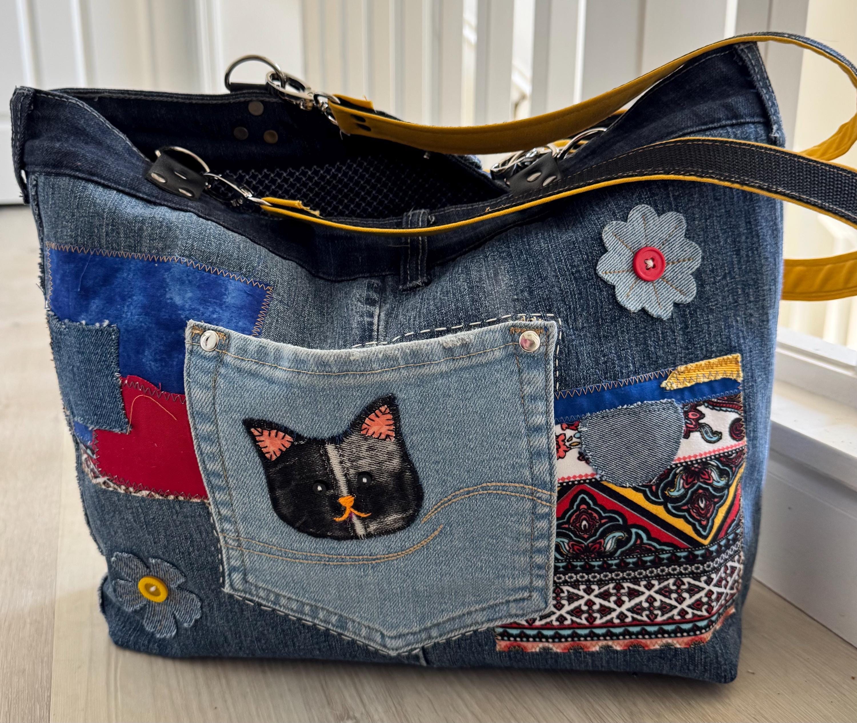 Upcycled Denim Tote Bag: Boho Patchwork with Cat Appliqué