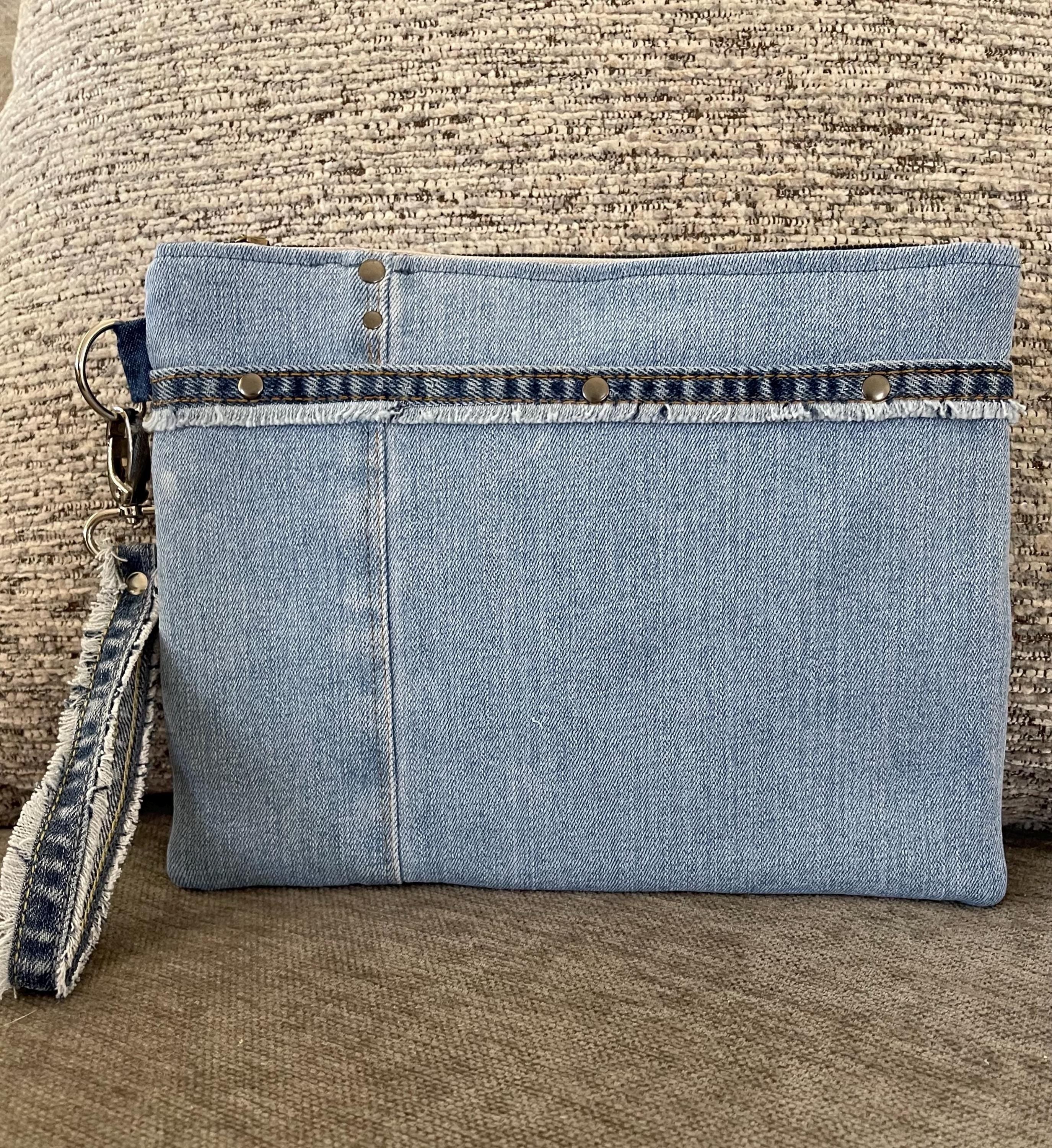 Unique bohemian handbag One-of-a-Kind Denim Patchwork Clutch with removable Wrist Handle