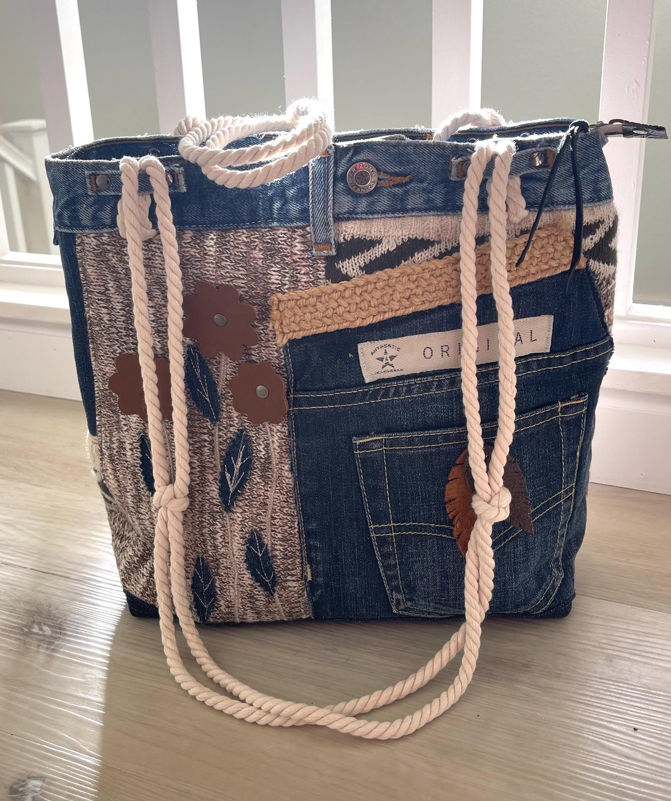Denim & Textured Knit Upcycled Shoulder Bag | Eco-Friendly, Handmade, One-of-a-Kind Tote bag