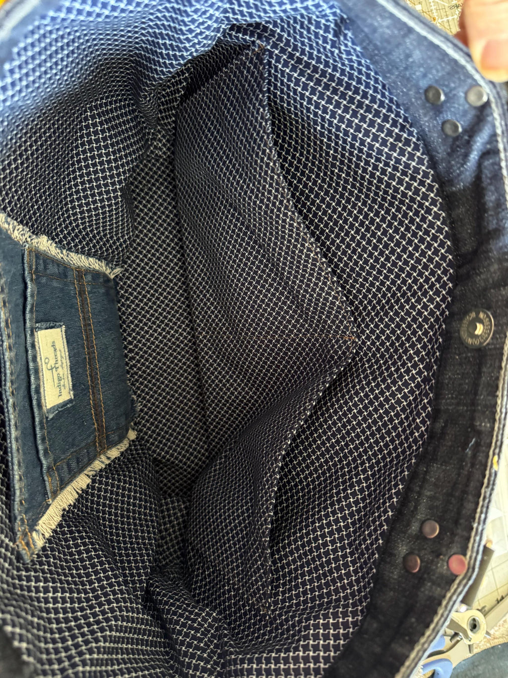 Upcycled Denim Tote Bag: Boho Patchwork with Cat Appliqué